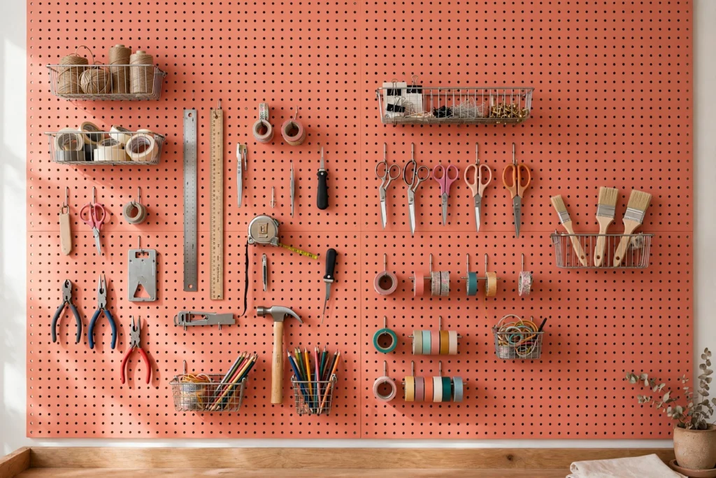 Craft room pegboard wall painted cheerful coral with hooks, baskets, and tools neatly organized.