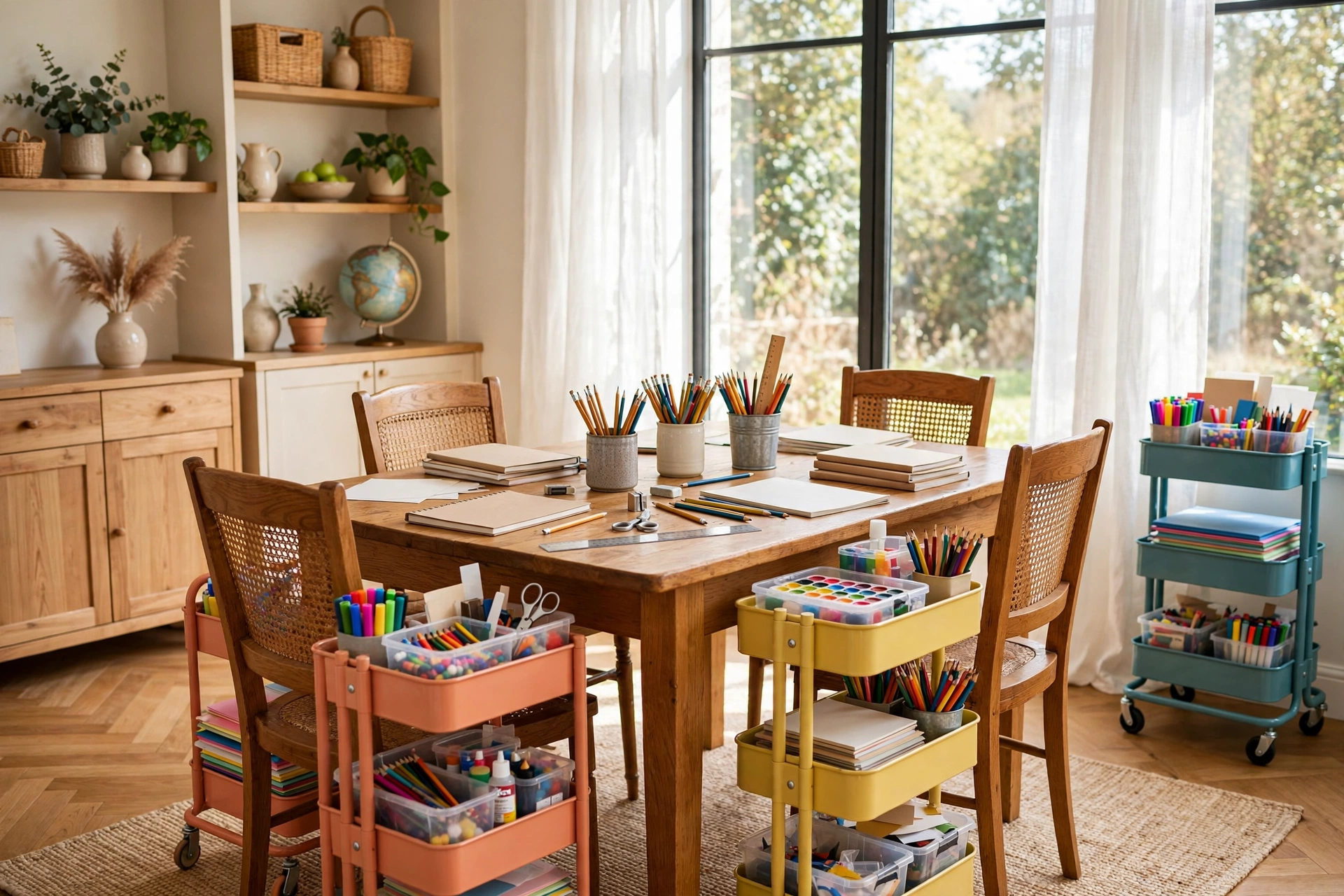A homeschool room set up at a dining table with rolling carts of supplies tucked beside each chair.