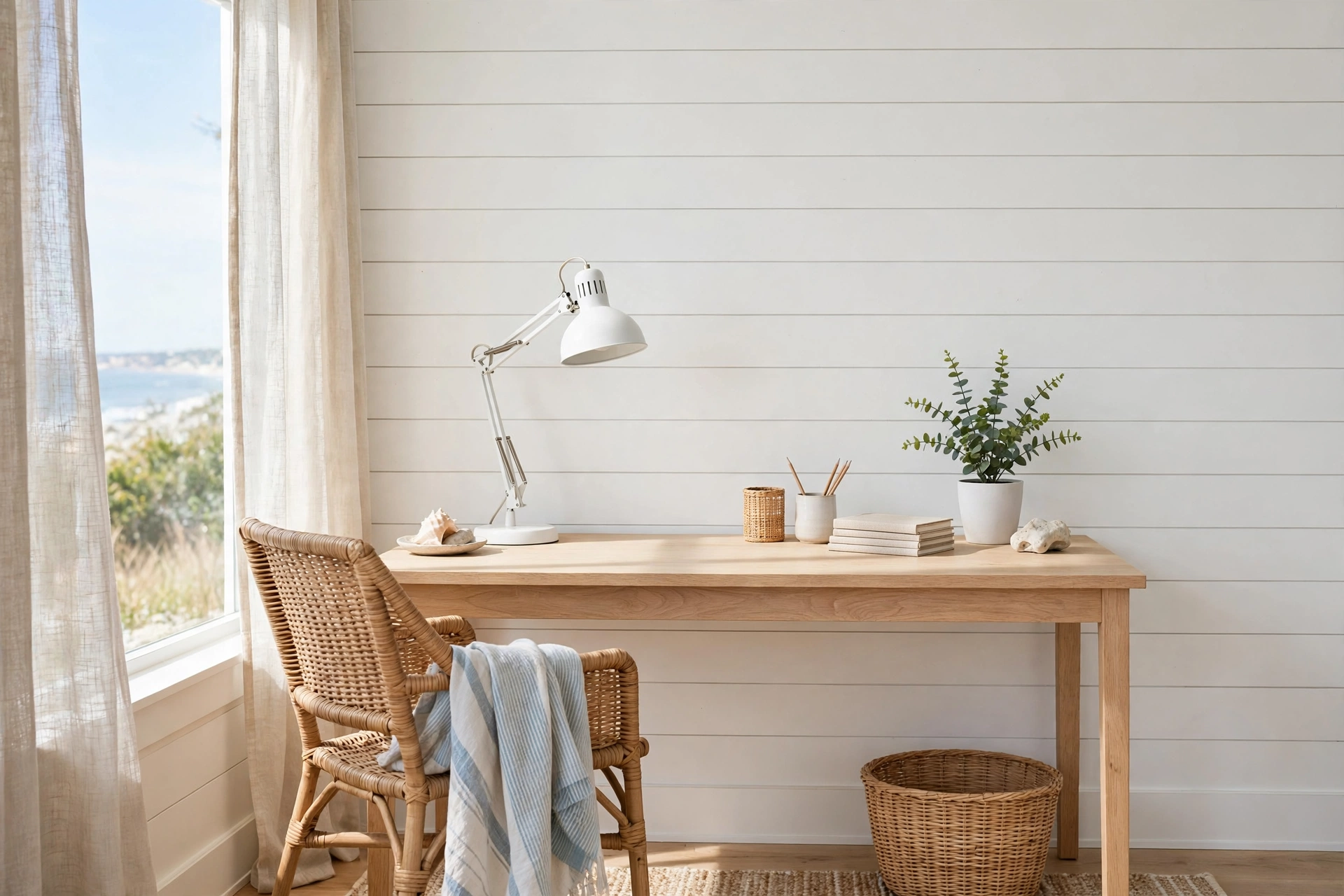 A coastal home office with a white shiplap accent wall behind a simple wooden desk.