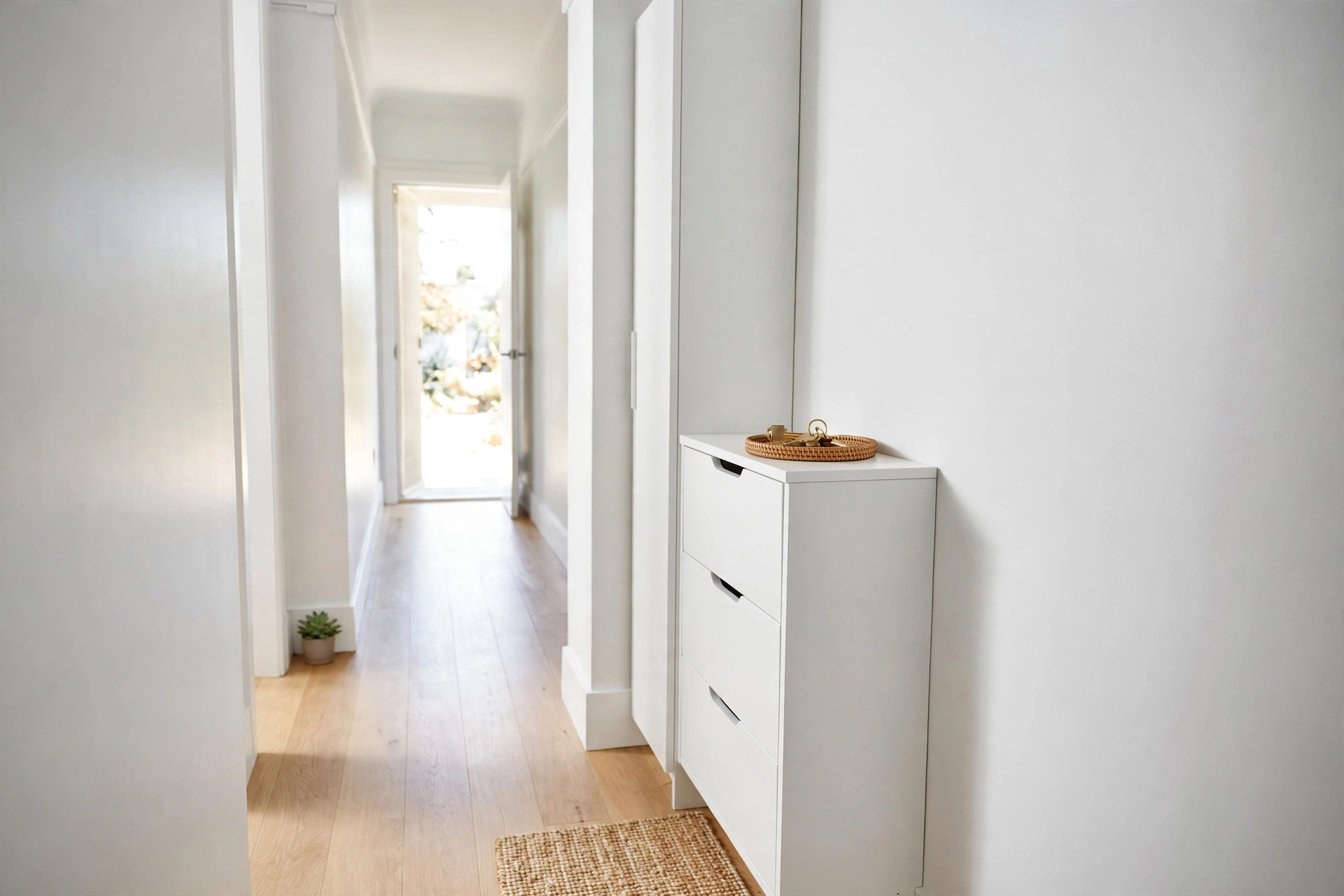 An entryway shoe storage cabinet with tilt-out compartments in a narrow hallway.