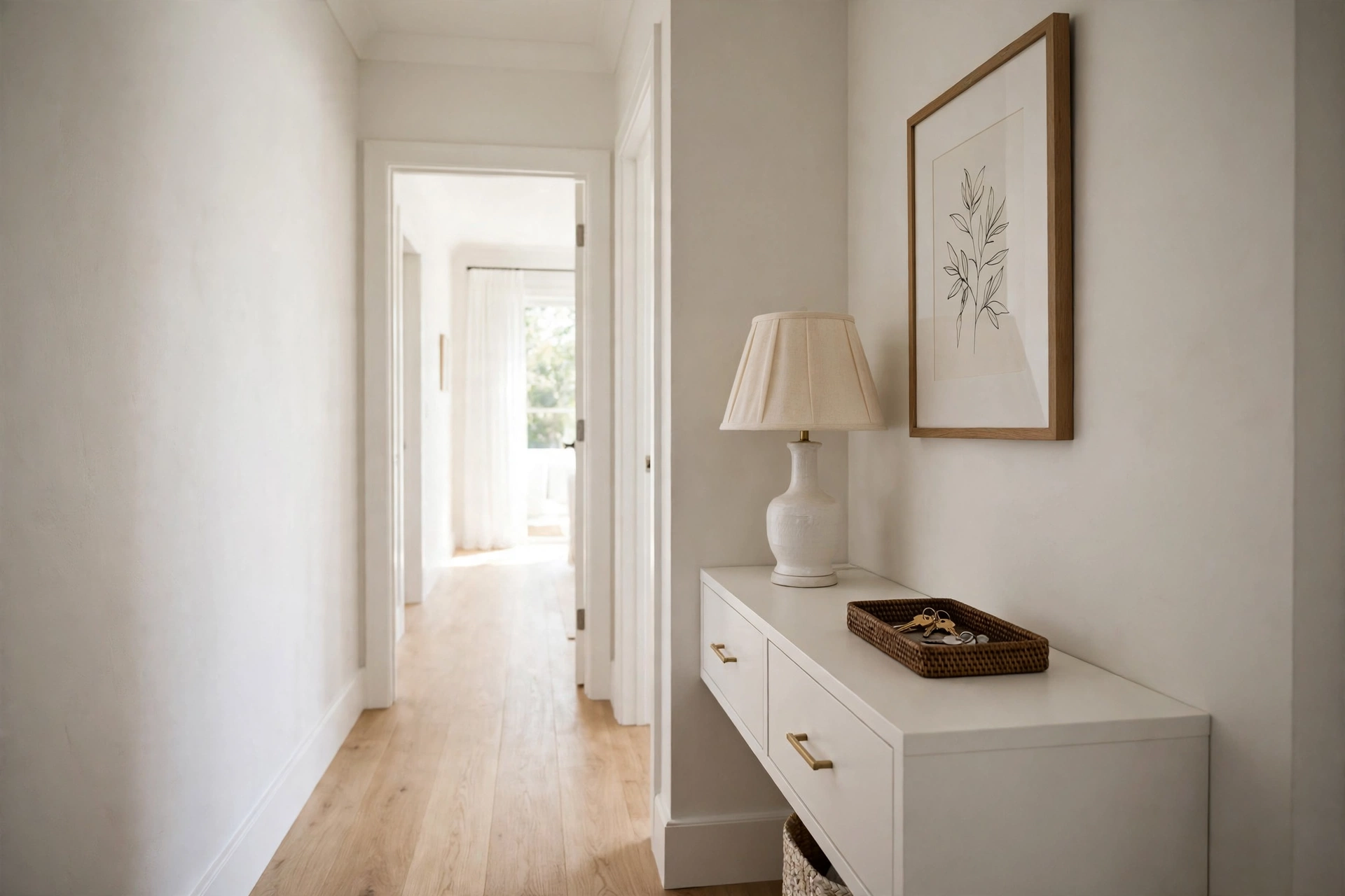 A hallway storage console cabinet ten inches deep with a lamp and key tray on top.