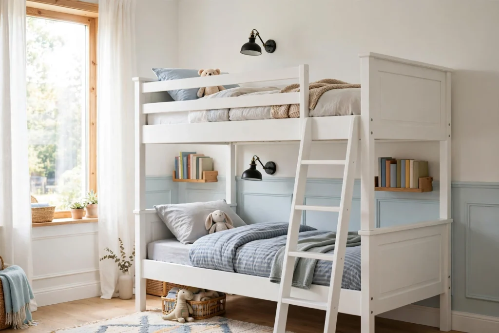 A bunk bed room with a classic twin-over-twin bunk and individual reading lights at each bed.