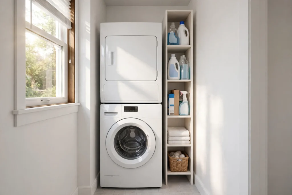Laundry closet ideas with a stacked washer and dryer unit freeing floor space for a slim storage tower beside it.