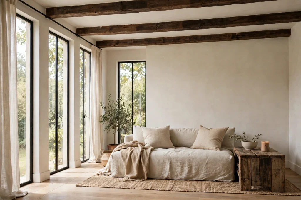 Rustic living room with exposed dark wood ceiling beams and natural linen sofa in daylight