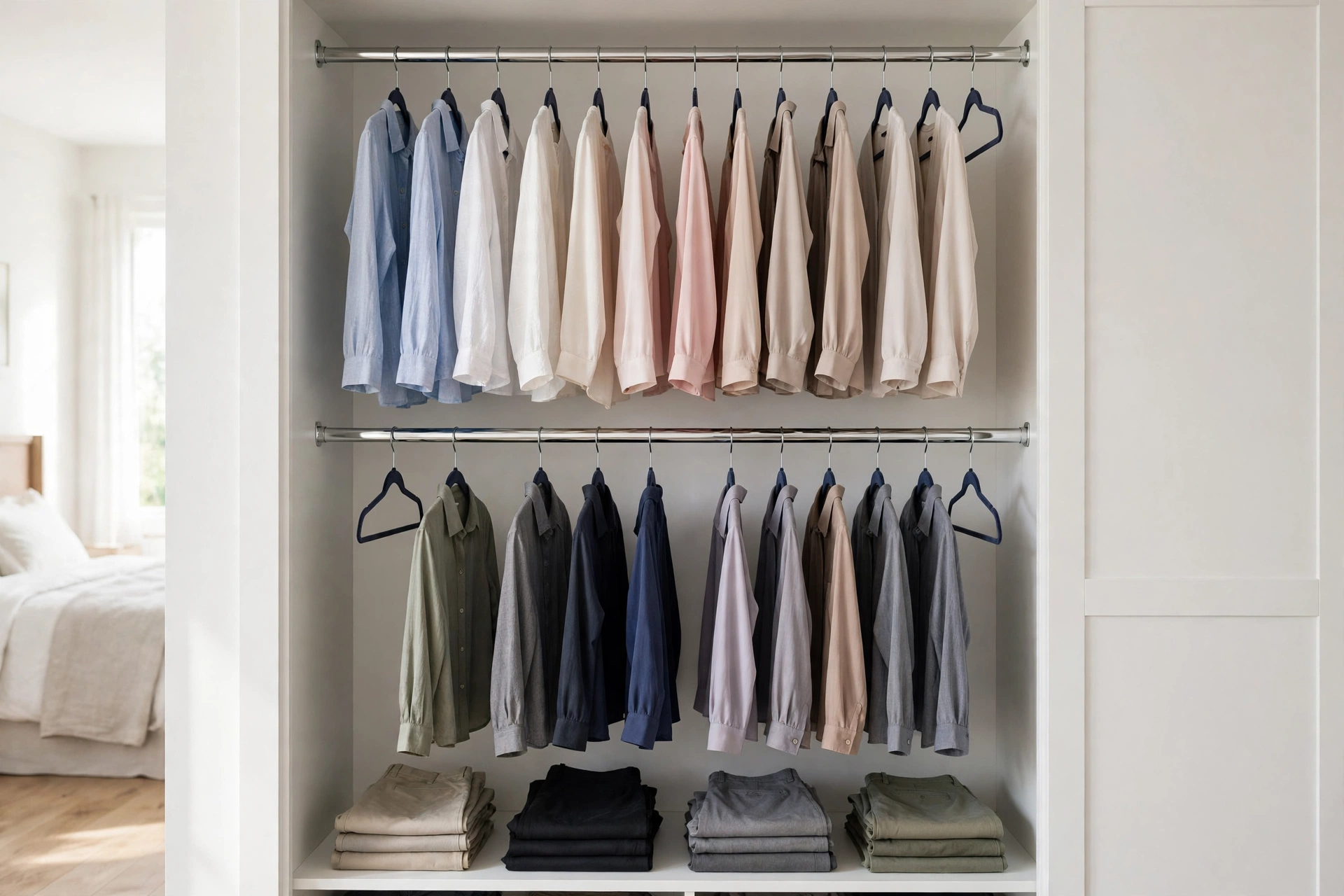 Reach-in closet ideas with double hanging rods doubling shirt and blouse storage in a shallow bedroom closet.
