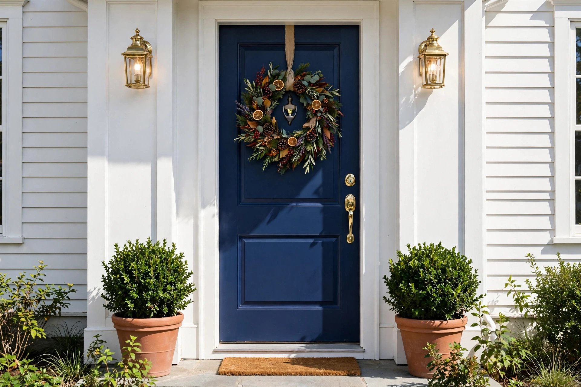 Front porch decorating ideas featuring a bold navy front door with brass hardware against white siding.