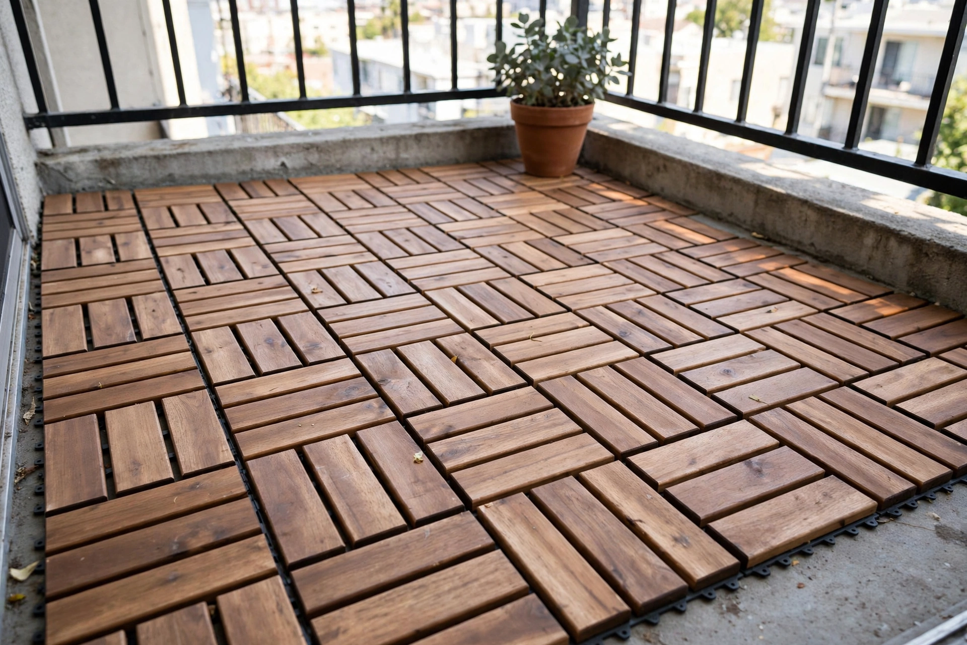 Balcony decor ideas featuring interlocking wood deck tiles transforming a concrete balcony floor.