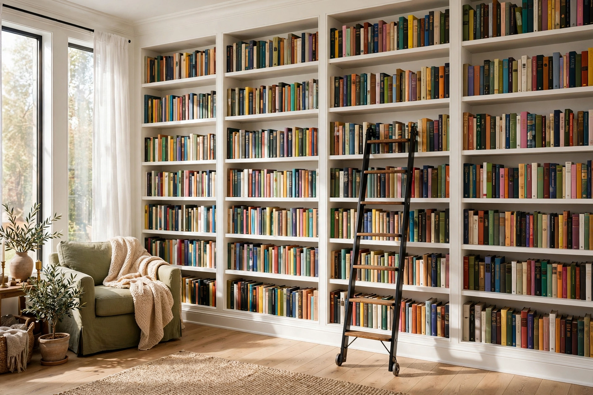Home library design ideas featuring floor-to-ceiling built-in bookshelves filled with books in a cozy room.