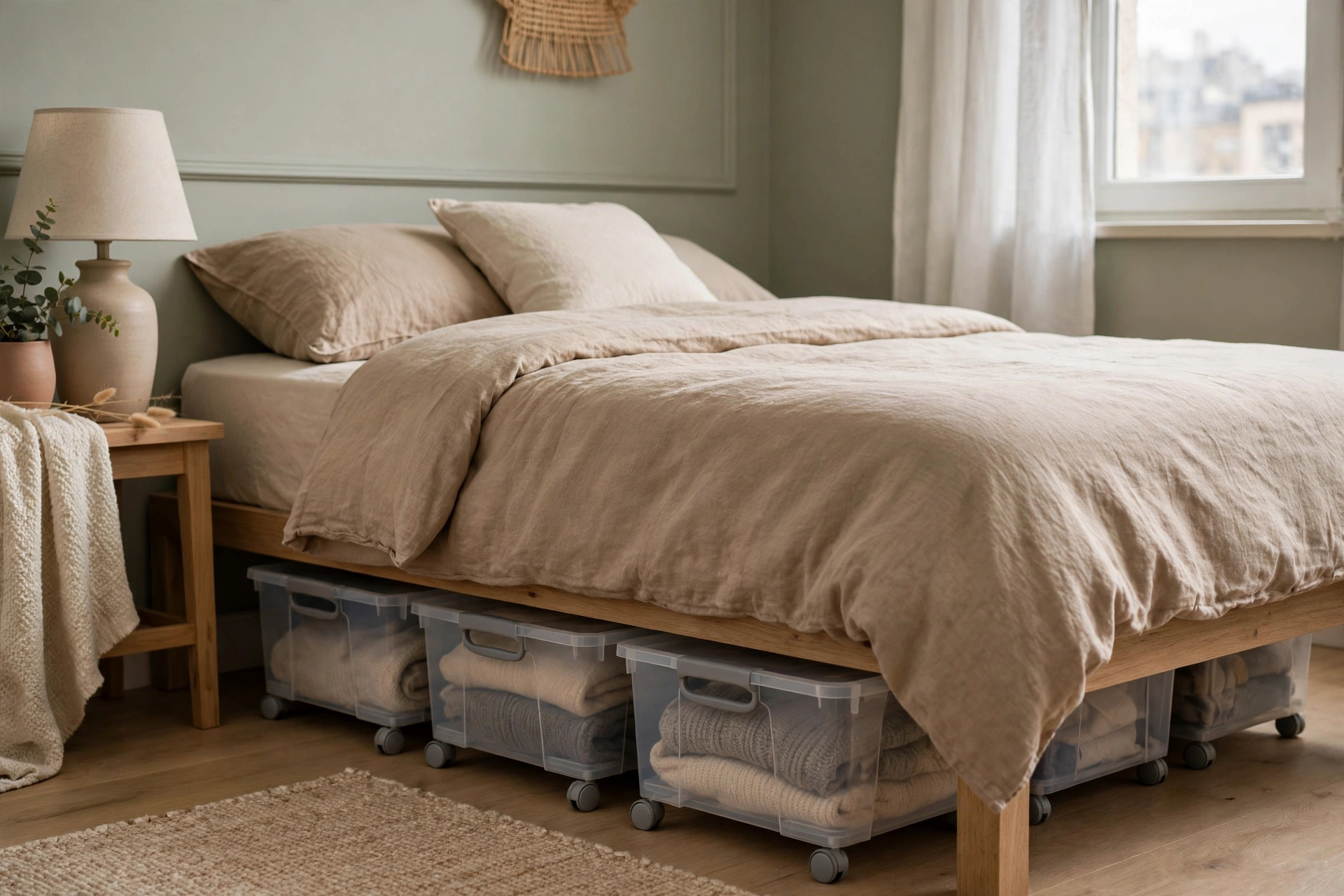 Rolling storage bins tucked neatly under a small apartment bedroom bed