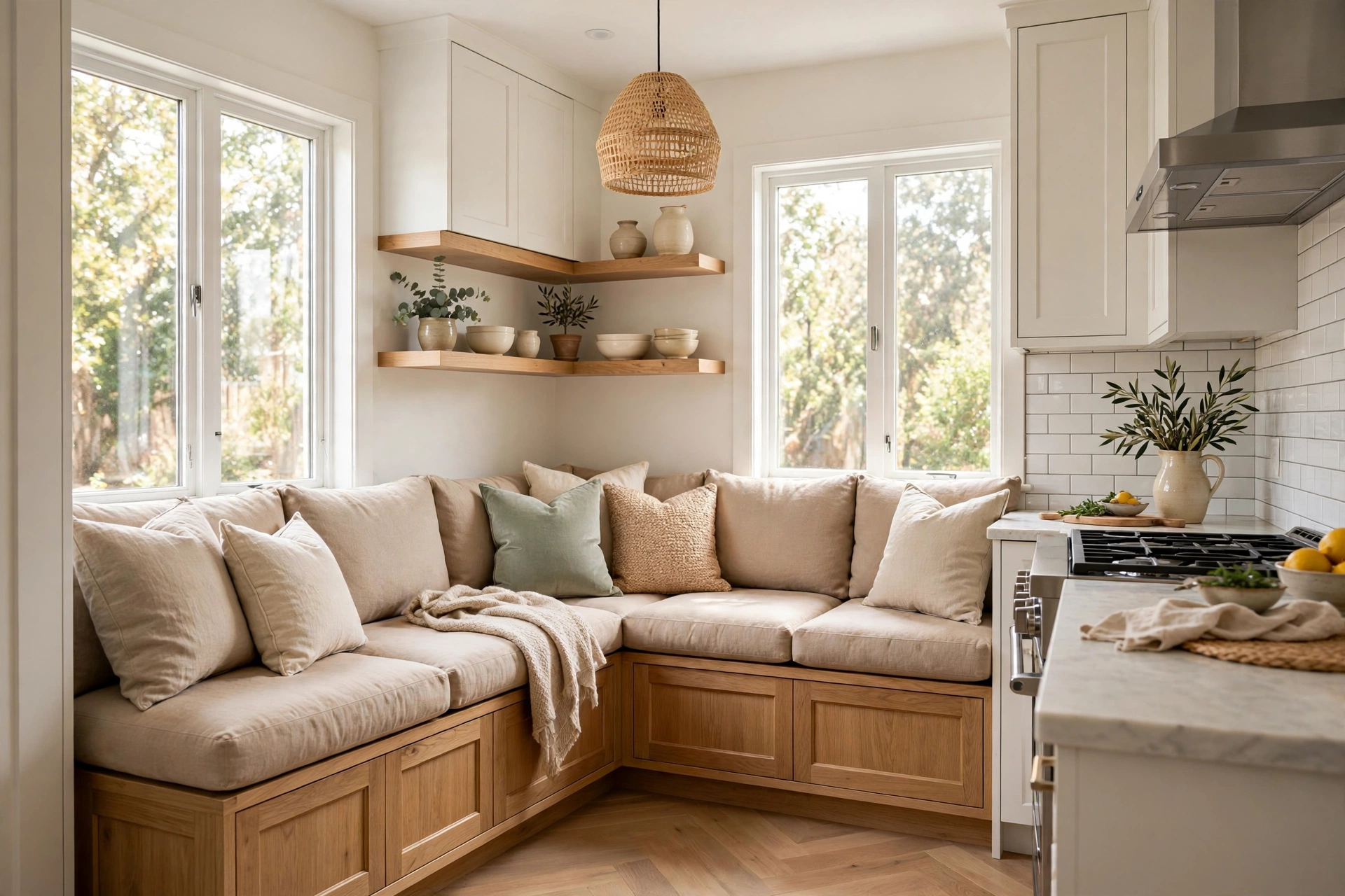 L-shaped built-in banquette bench in bright kitchen corner