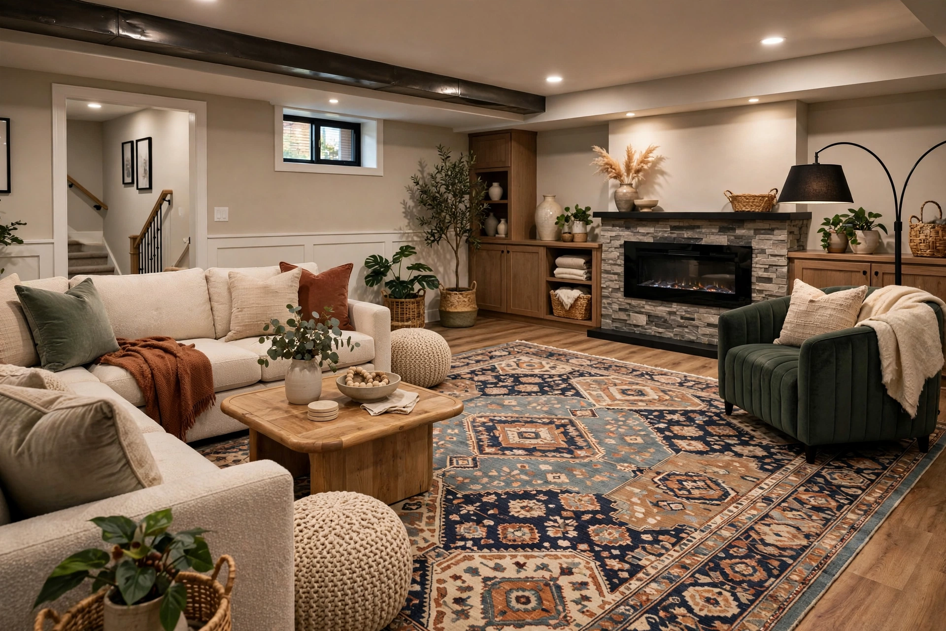 Large patterned area rug zoning the seating area in a finished basement living room