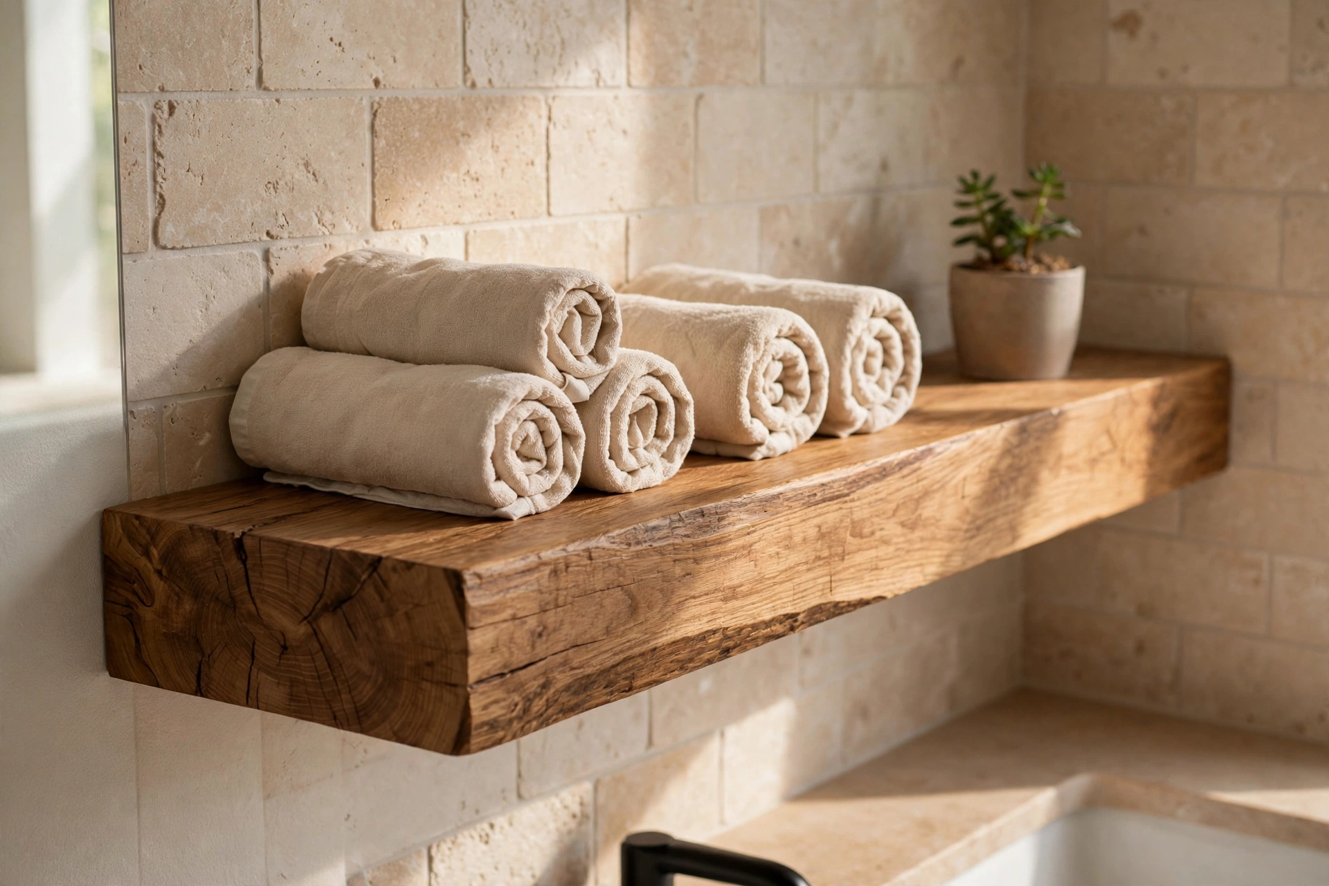 Thick floating wood bathroom shelves with rolled towels and small plant