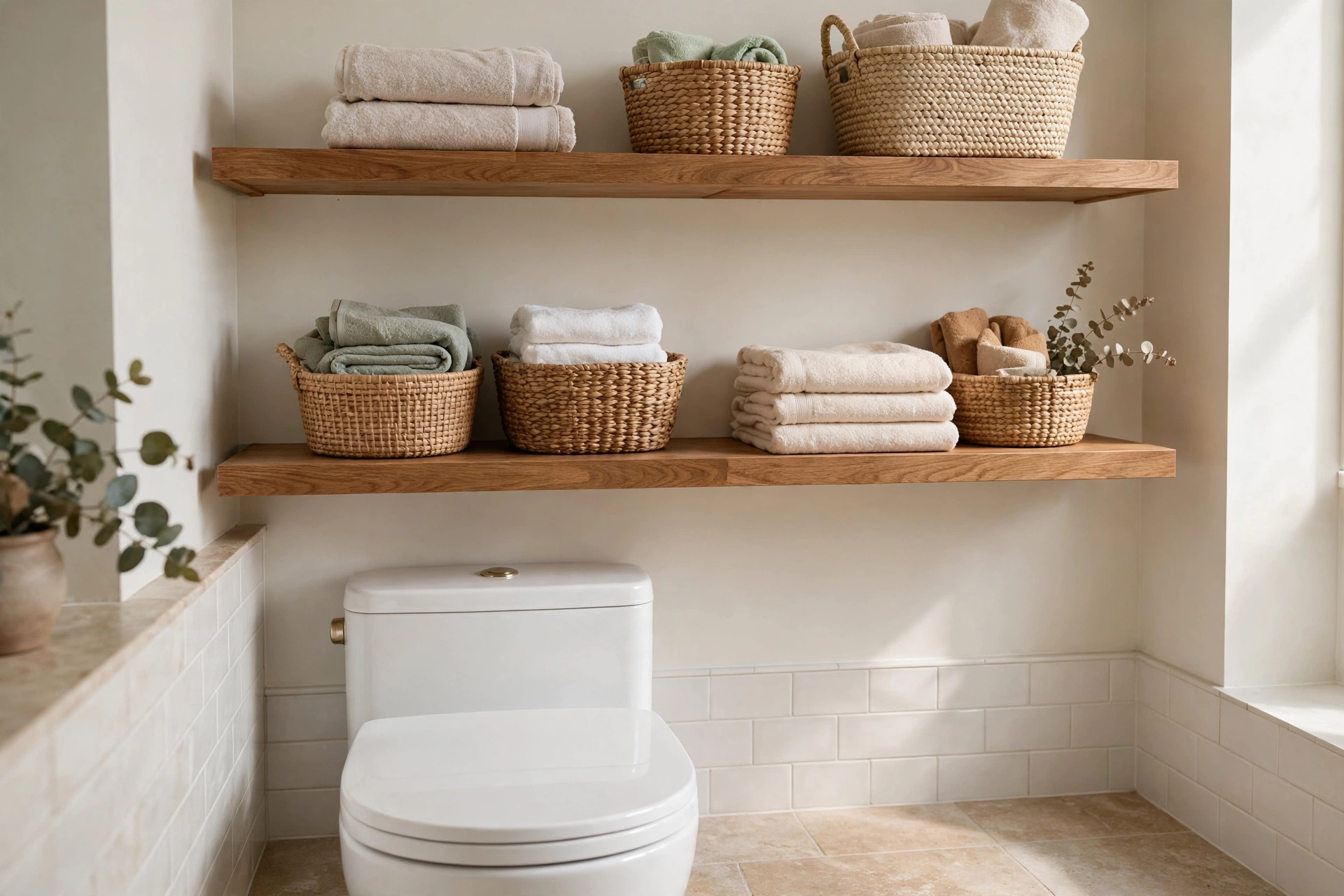 Wooden floating shelves above toilet with folded towels and bathroom storage baskets