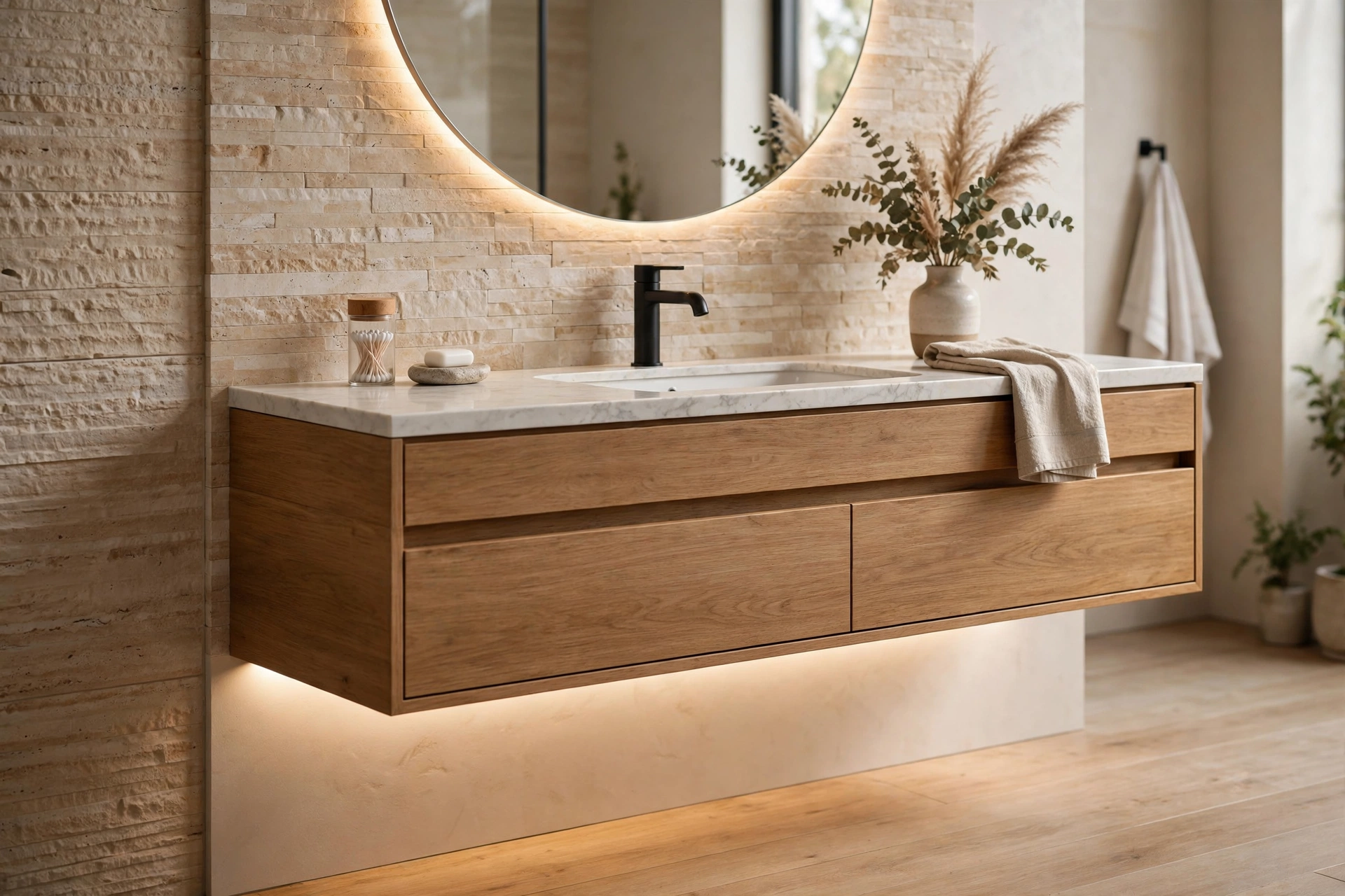 Wall-mounted floating bathroom vanity with soft-close drawers and LED lighting