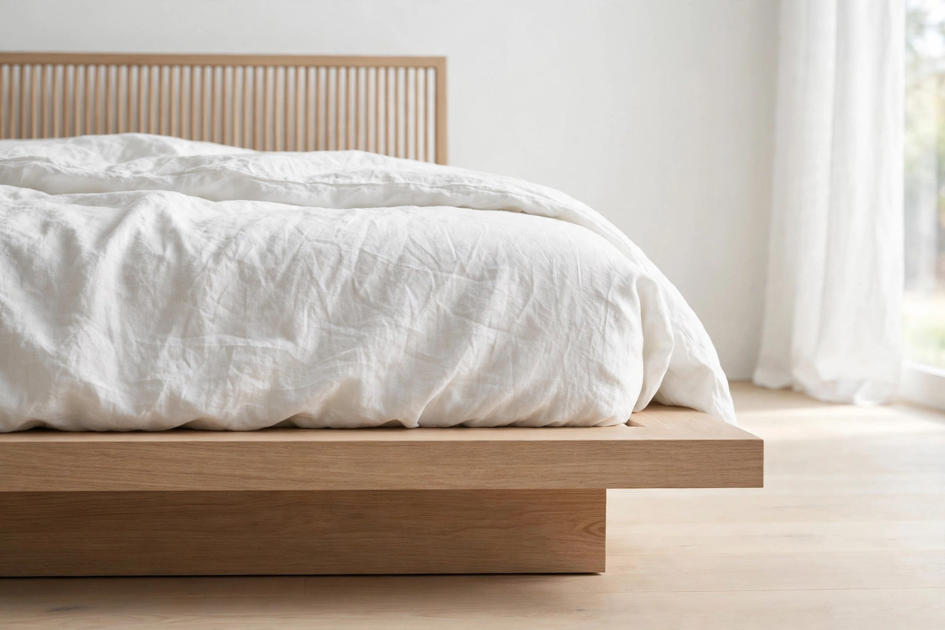 Low light-oak platform bed with slatted headboard and white linen bedding in a bright bedroom