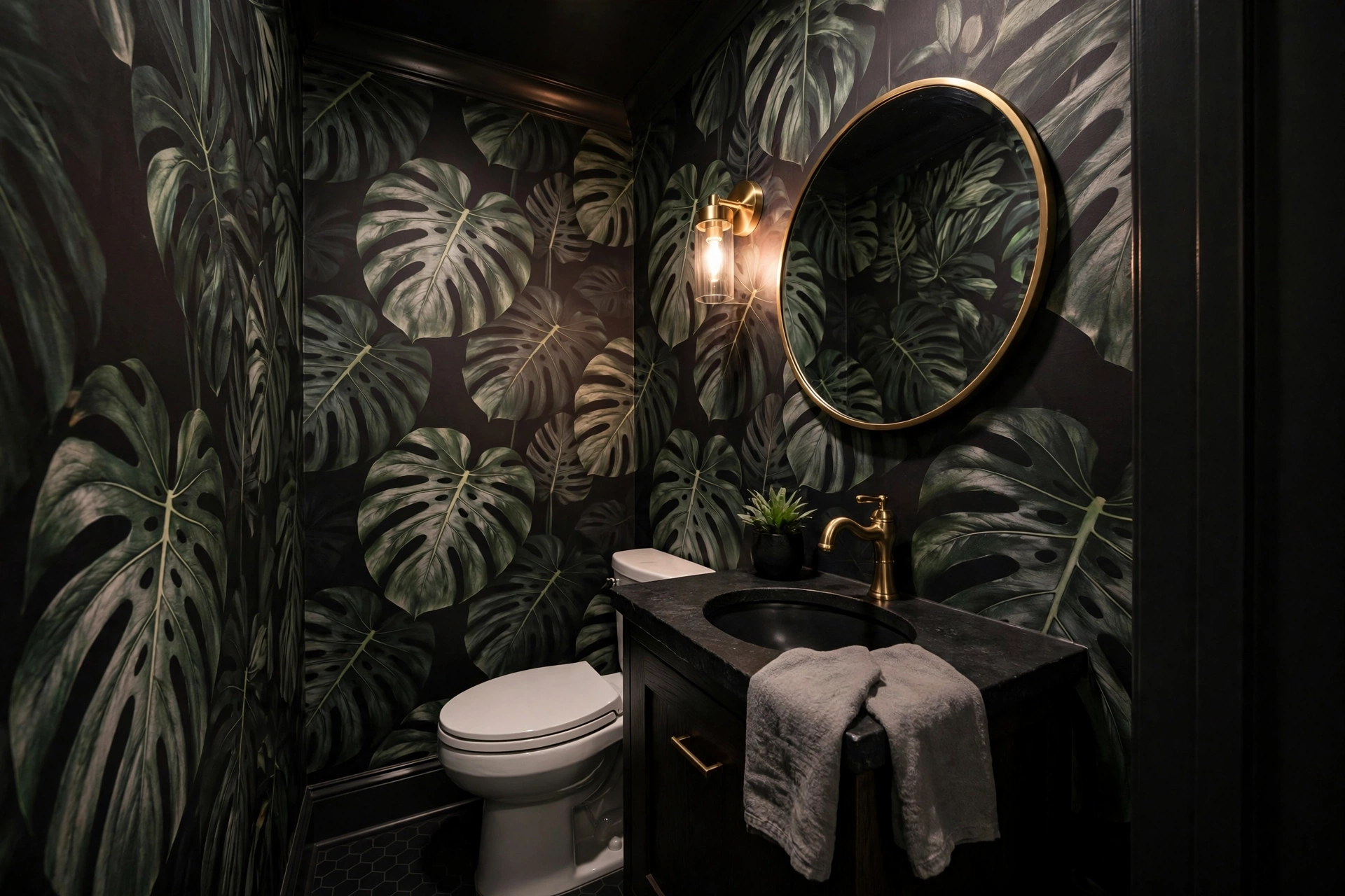 Moody oversized monstera leaf wallpaper in small powder room