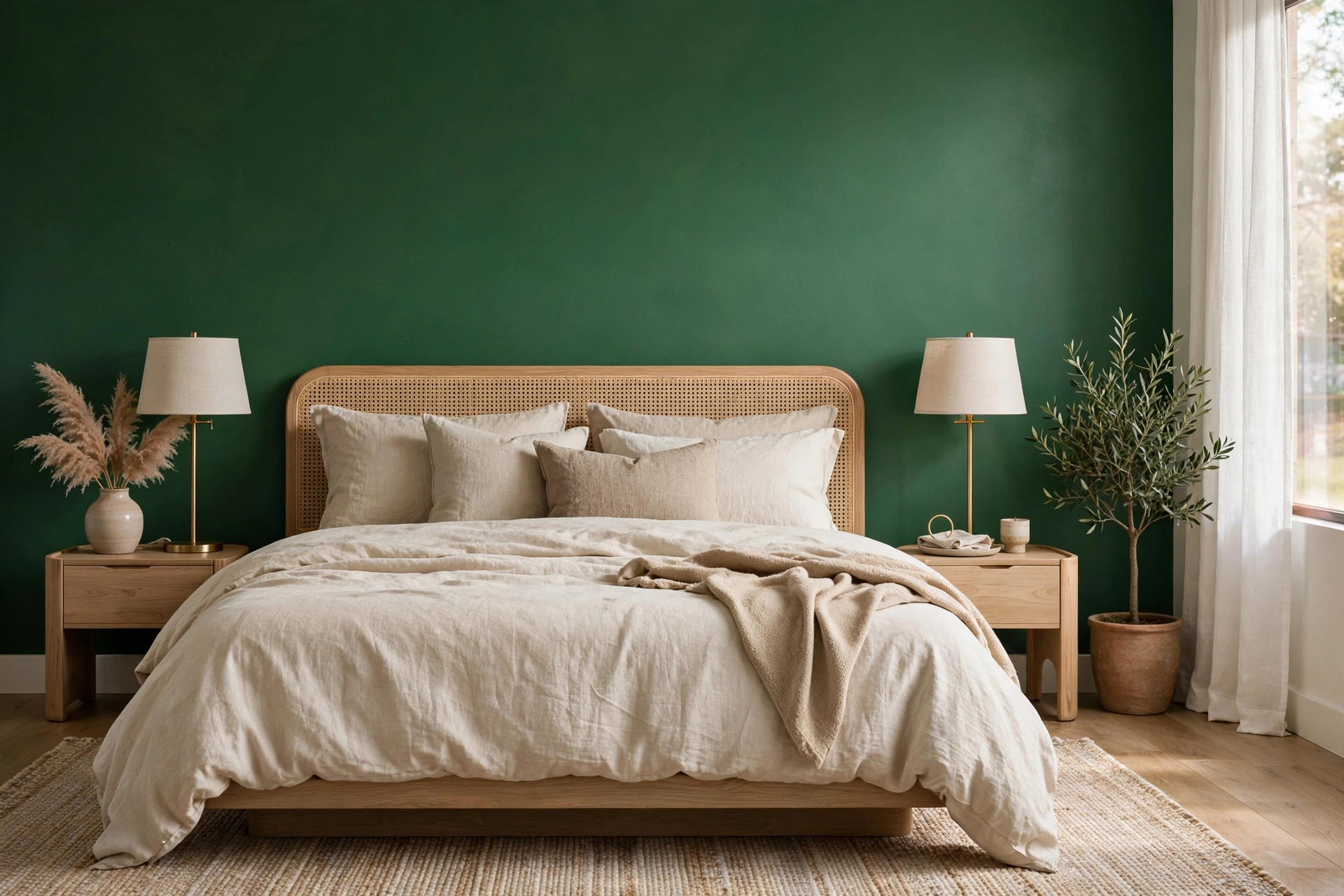 Rich green painted accent wall behind a bed with neutral bedding