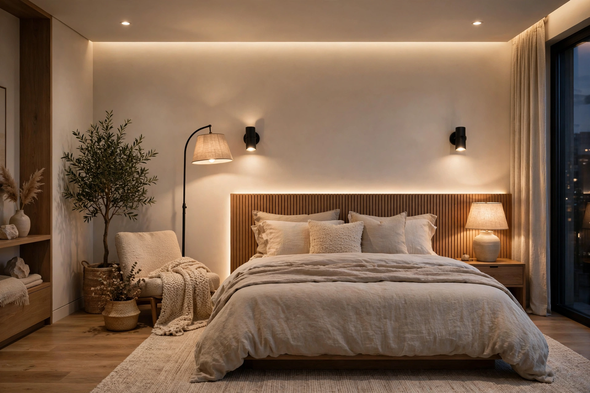 Bedroom with layered ambient, task, and accent lighting at different heights