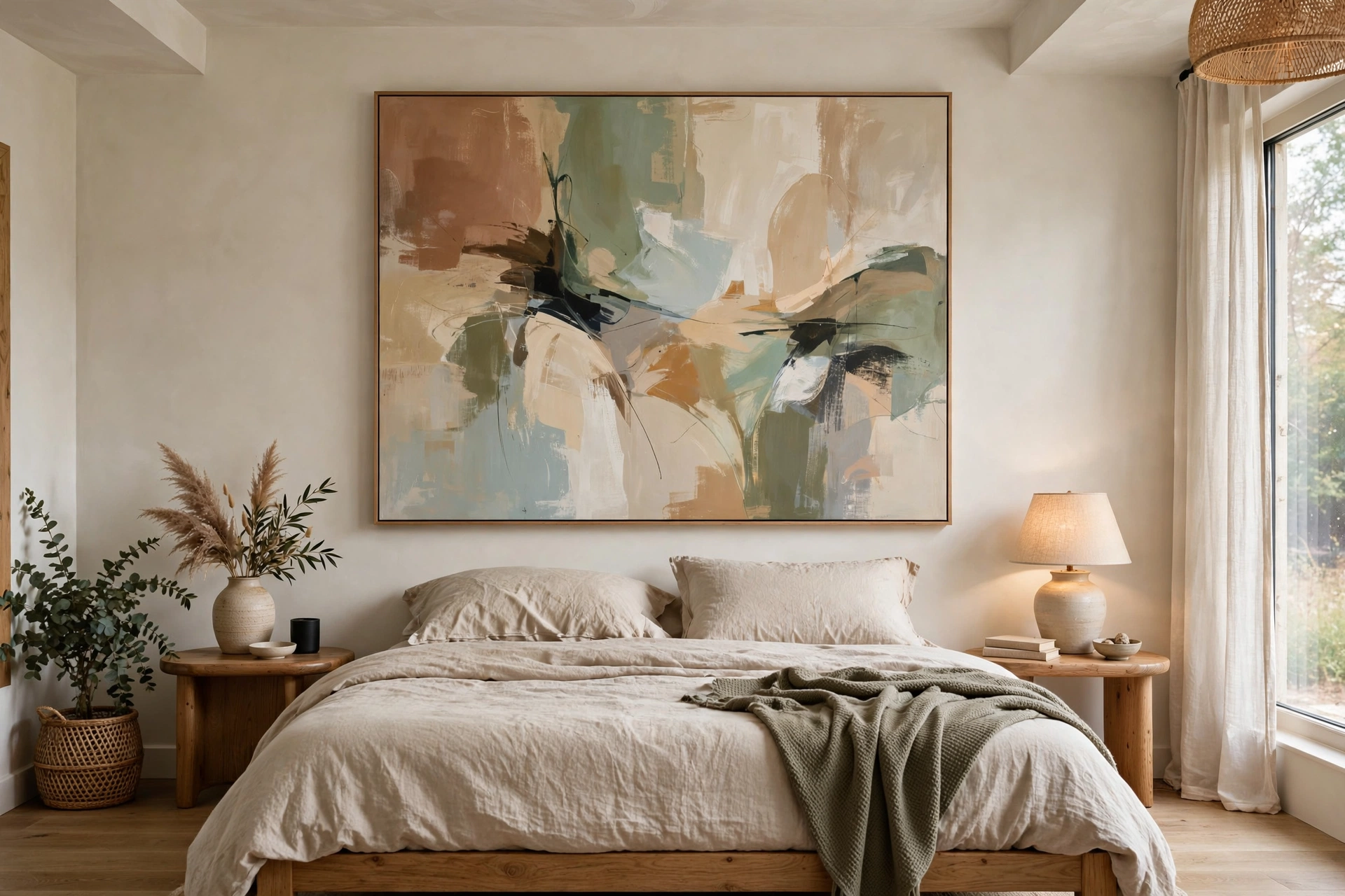 One oversized abstract canvas hung as a statement above the bed
