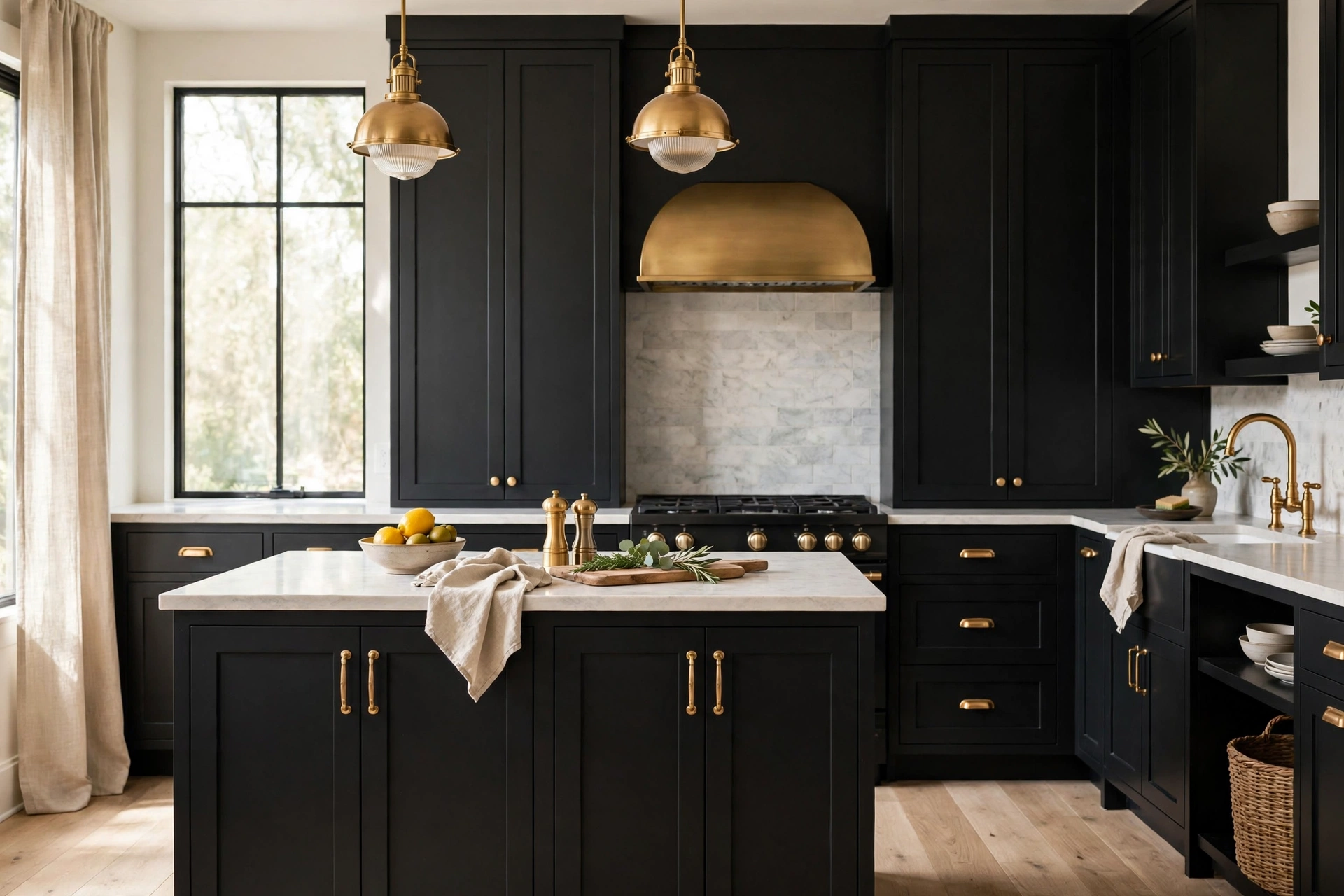 Matte black shaker kitchen cabinets with warm brass hardware details