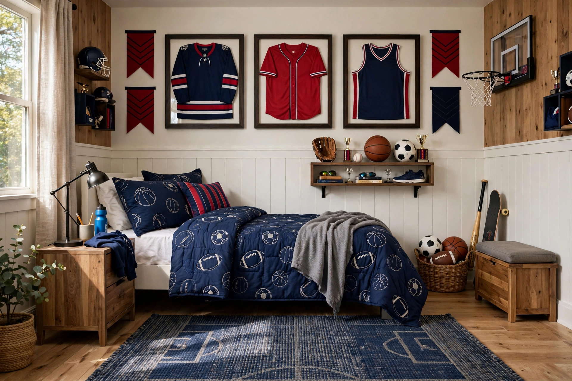 Boys bedroom with sports fan zone bedding and team wall decor
