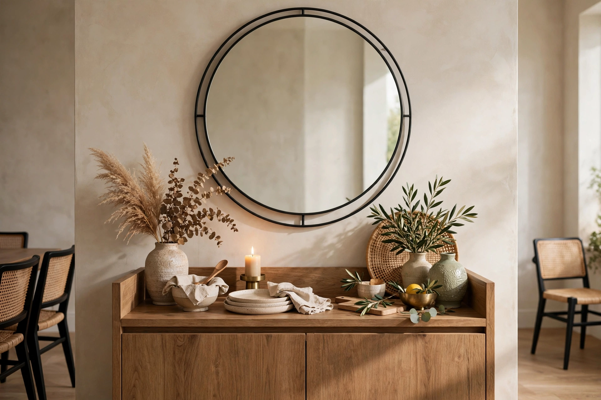 Large round mirror hanging above styled dining room buffet
