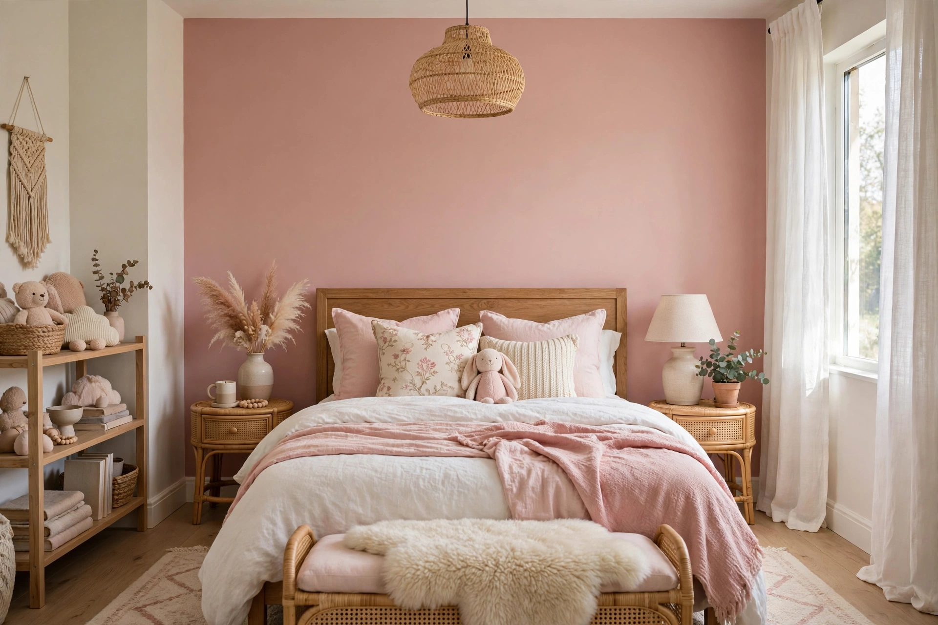 Blush pink accent wall behind bed in girls bedroom decor