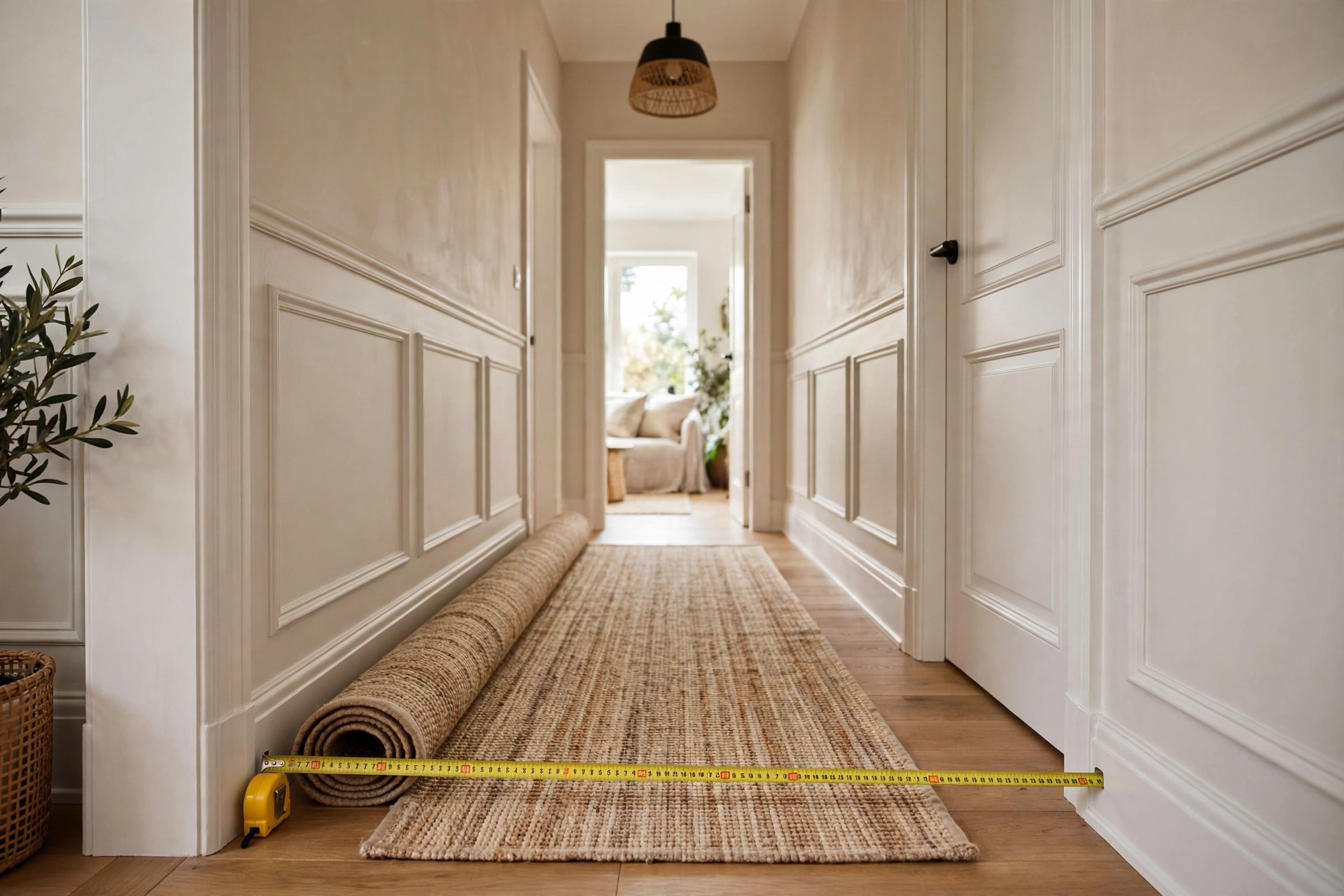 Measuring tape stretched across a narrow hallway to size a runner rug correctly
