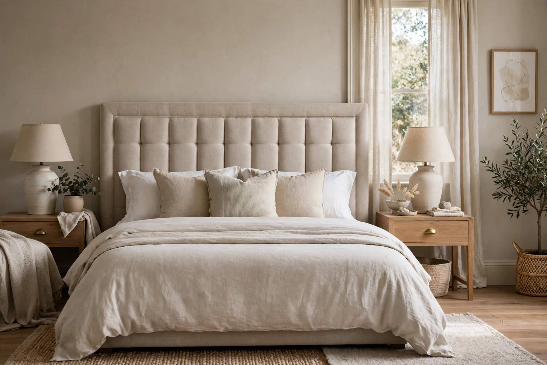 Classic upholstered panel headboard in neutral fabric in a calm bedroom