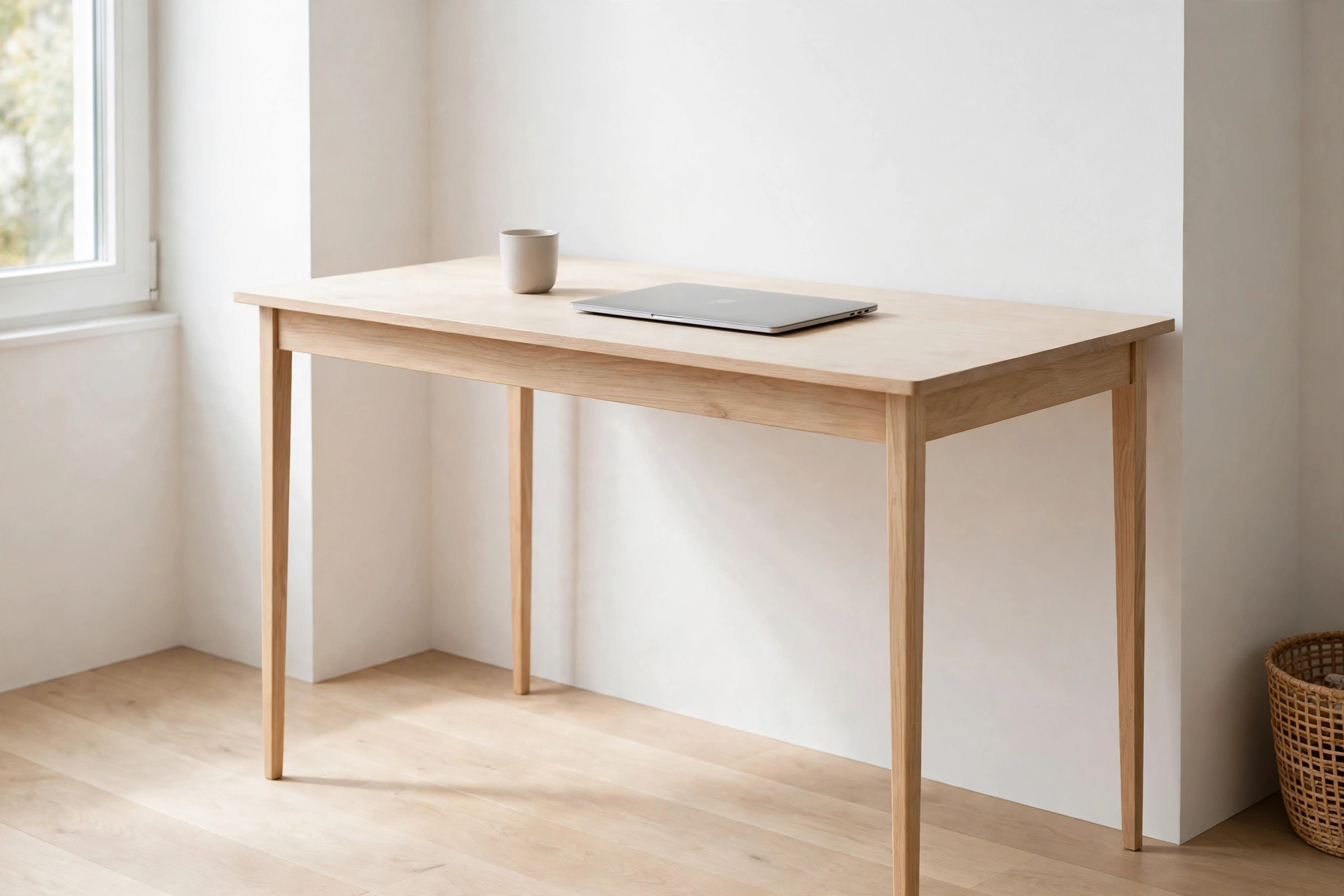Light oak writing desk with slim legs against a white wall in a minimal Scandinavian home office