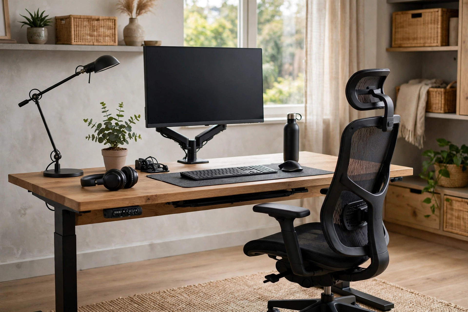 Ergonomic home office desk setup with adjustable chair and monitor at eye level
