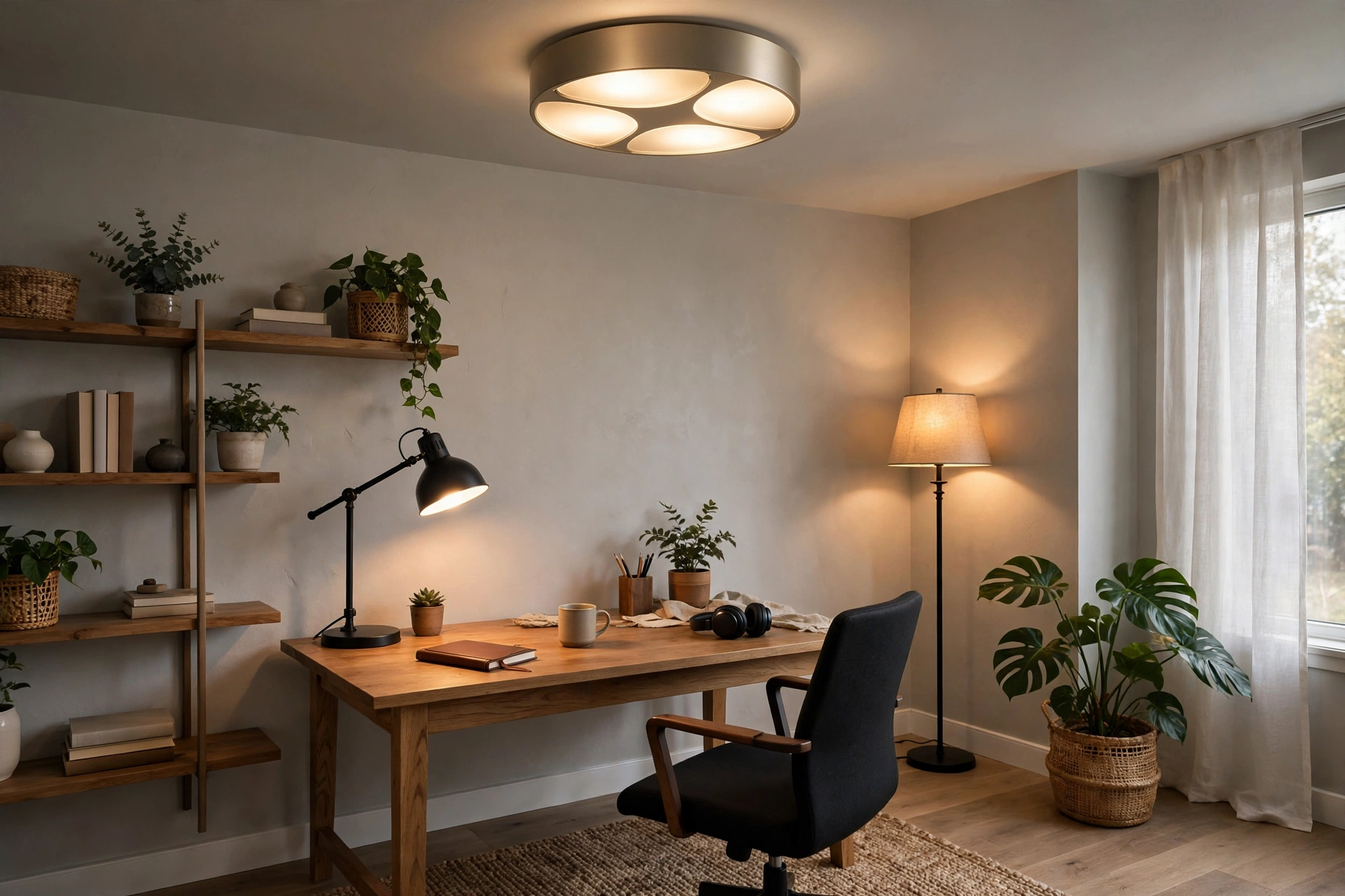 Home office with ambient ceiling light task lamp and accent floor lamp