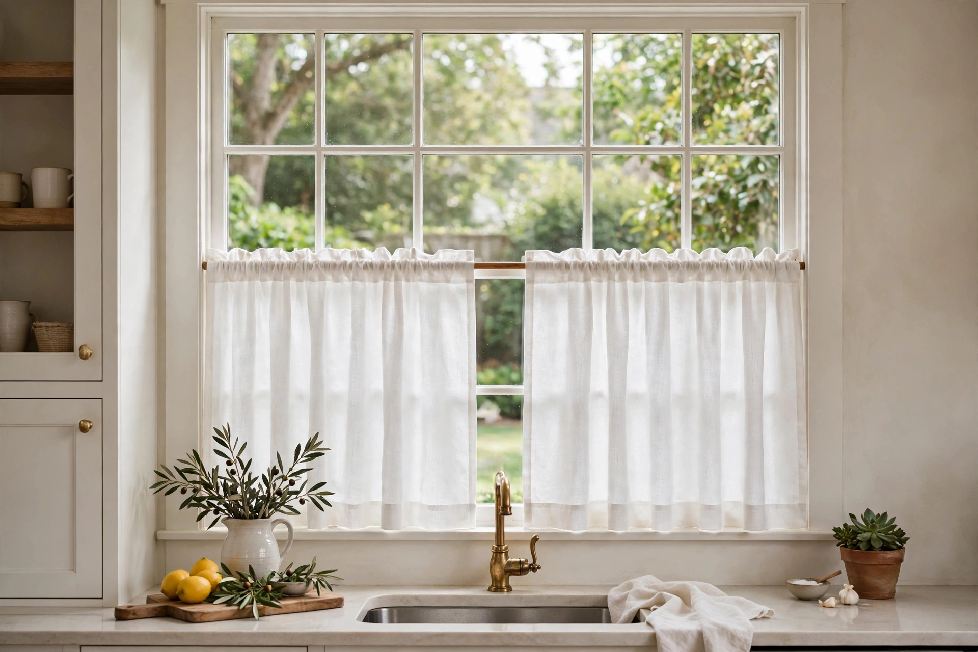 Classic white cafe curtains covering the lower half of a kitchen window
