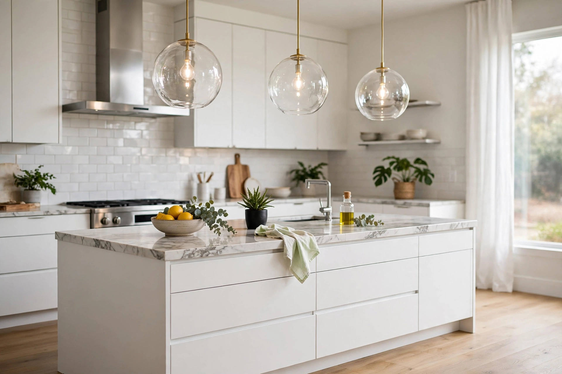Clear glass globe pendant lights over a modern white kitchen island