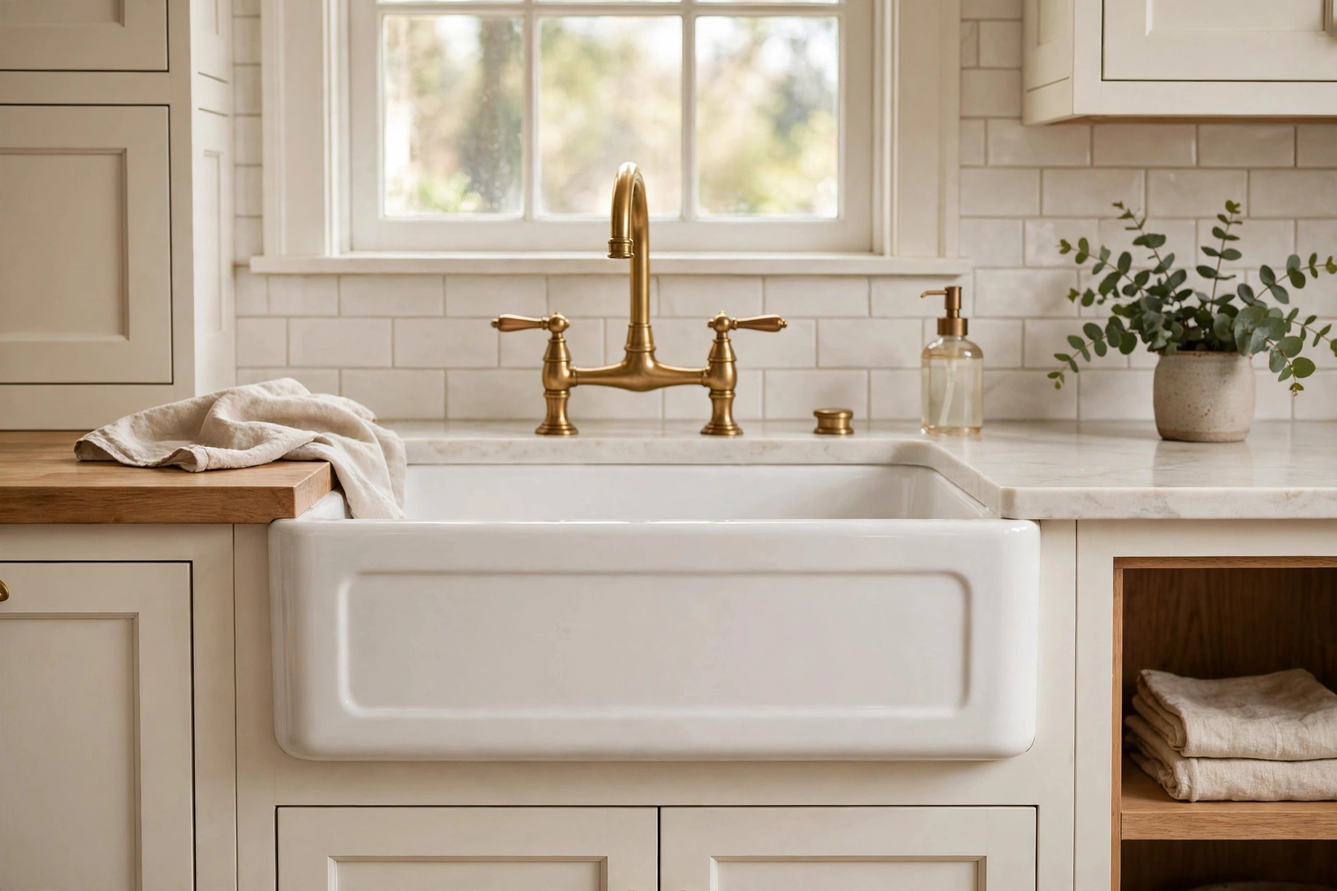 Classic white fireclay farmhouse sink with exposed apron front and brass faucet