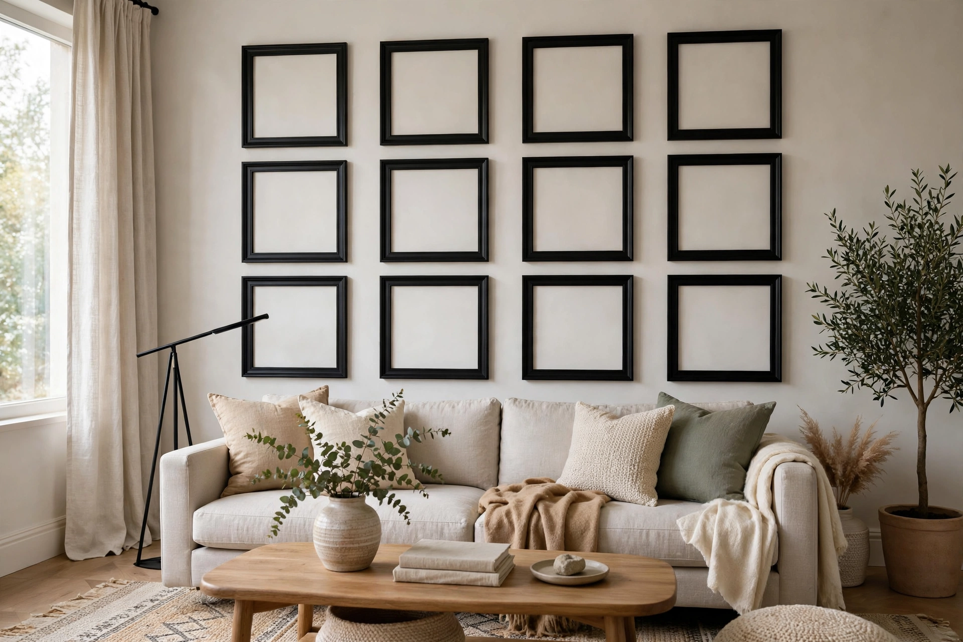Classic grid gallery wall with matching black frames in living room