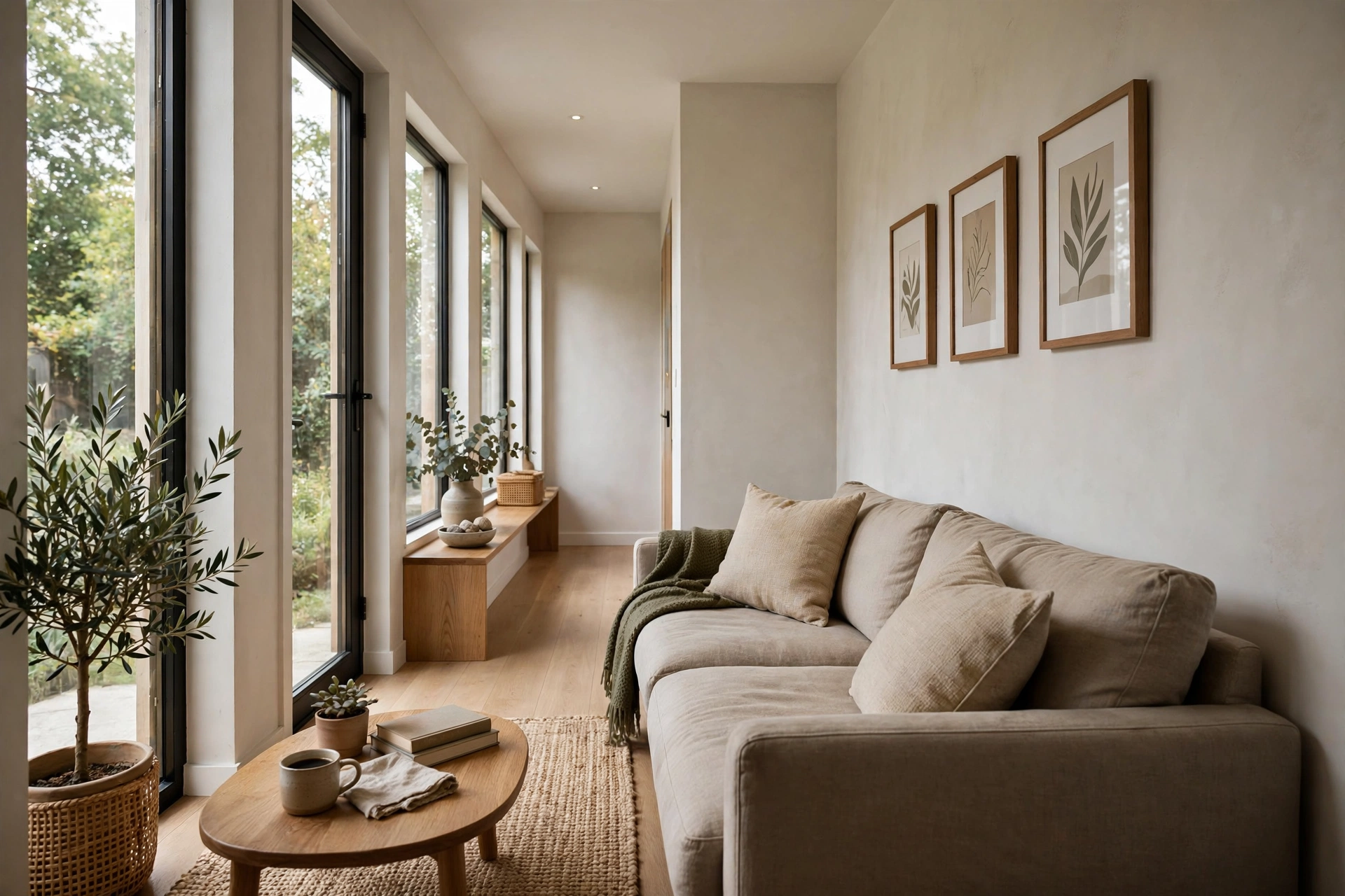 Narrow living room layout with sofa anchored to one long wall