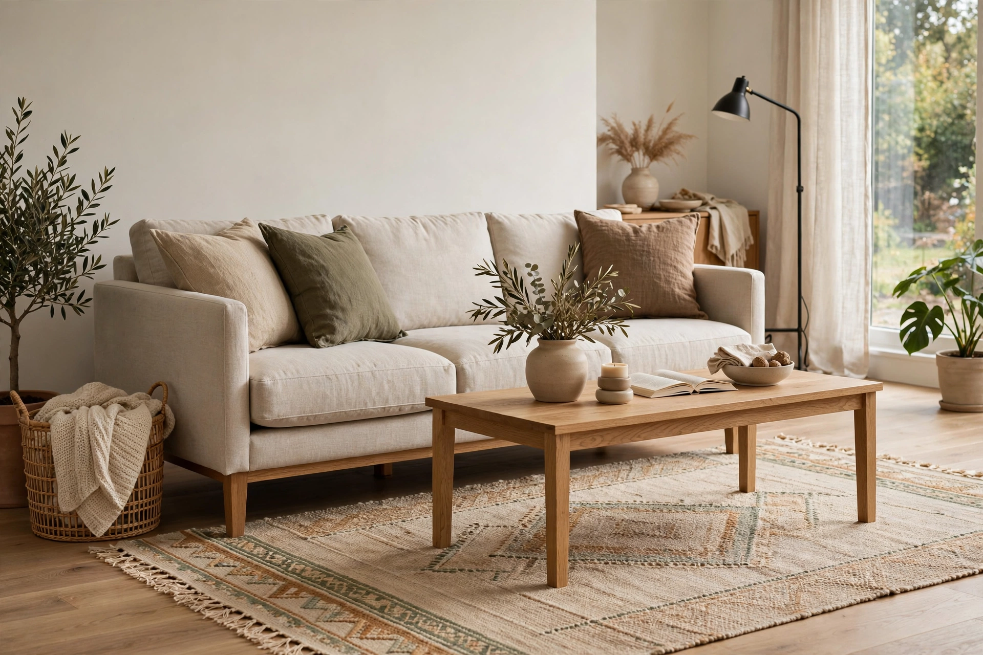 Living room rug placement showing sofa front legs on an area rug