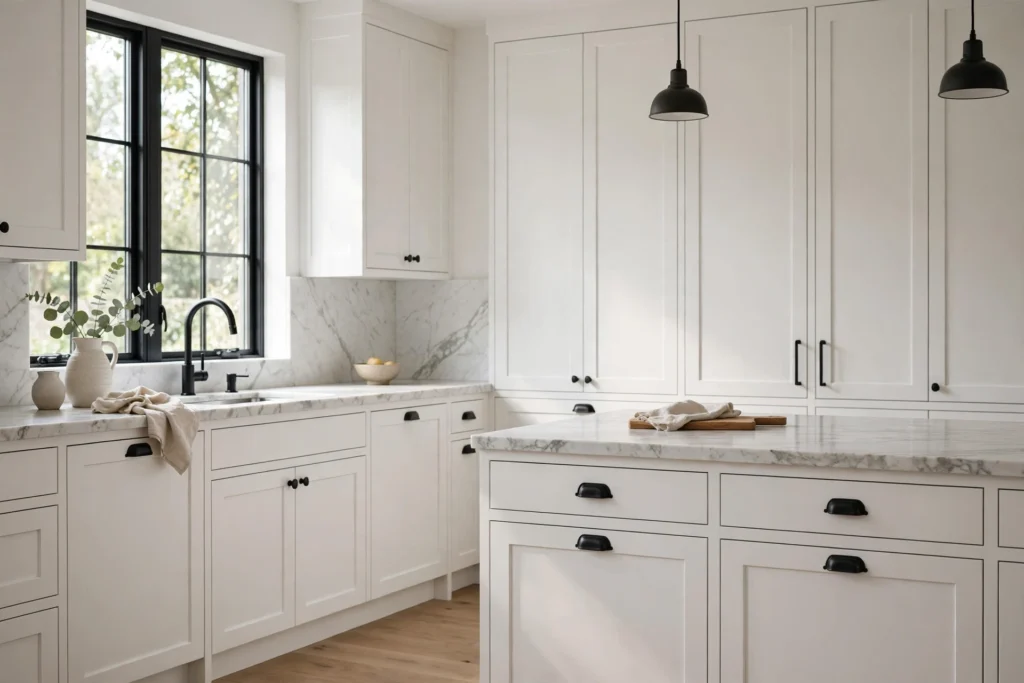 White shaker kitchen cabinets with matte black bin pulls and marble counters in daylight