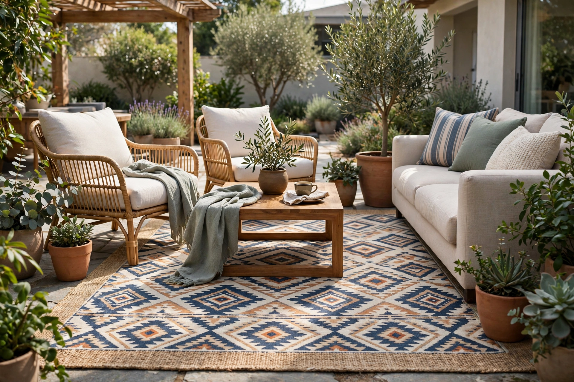 Patterned outdoor rug anchoring patio seating arrangement