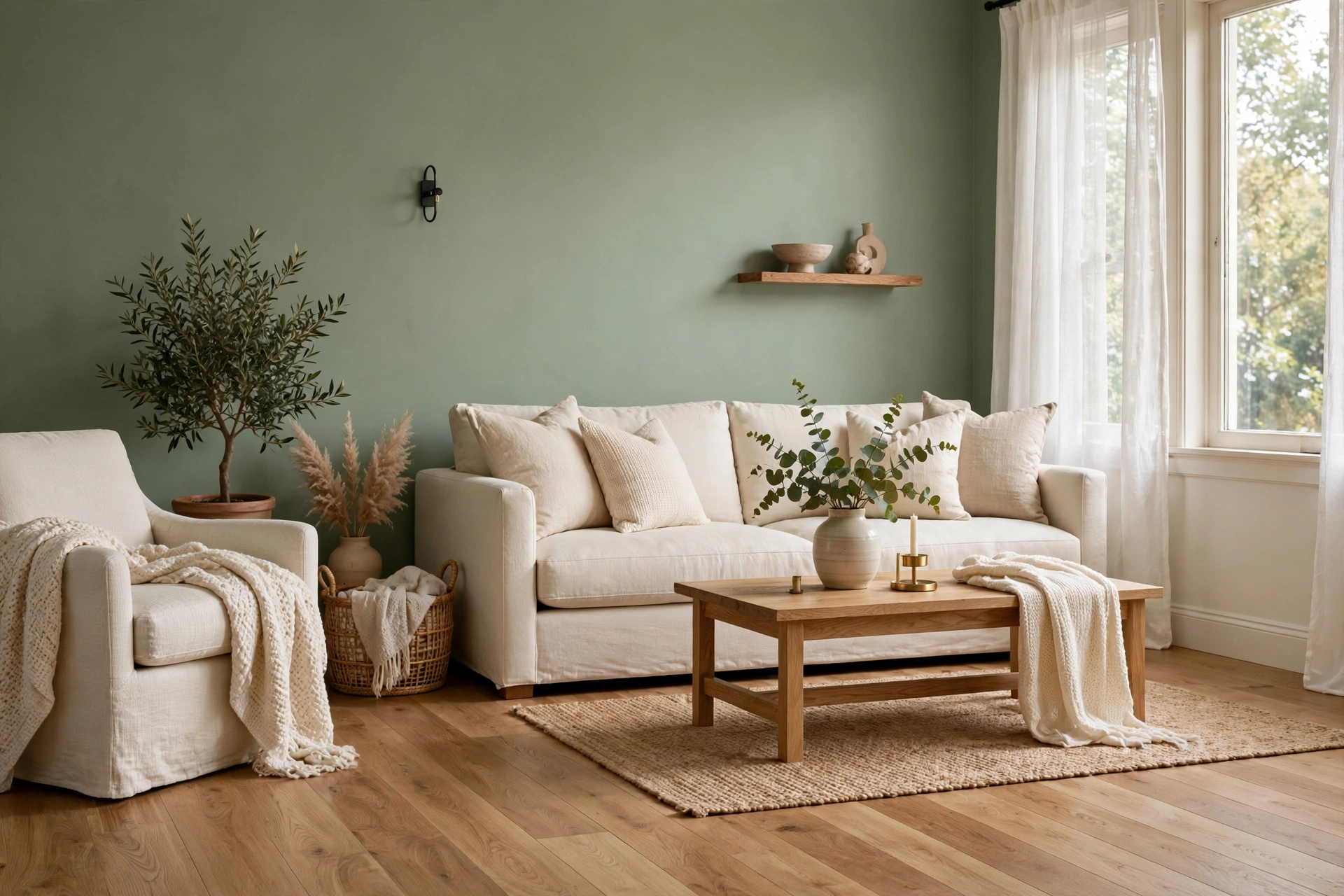 Sage green living room with painted walls, cream upholstery, and oak floors