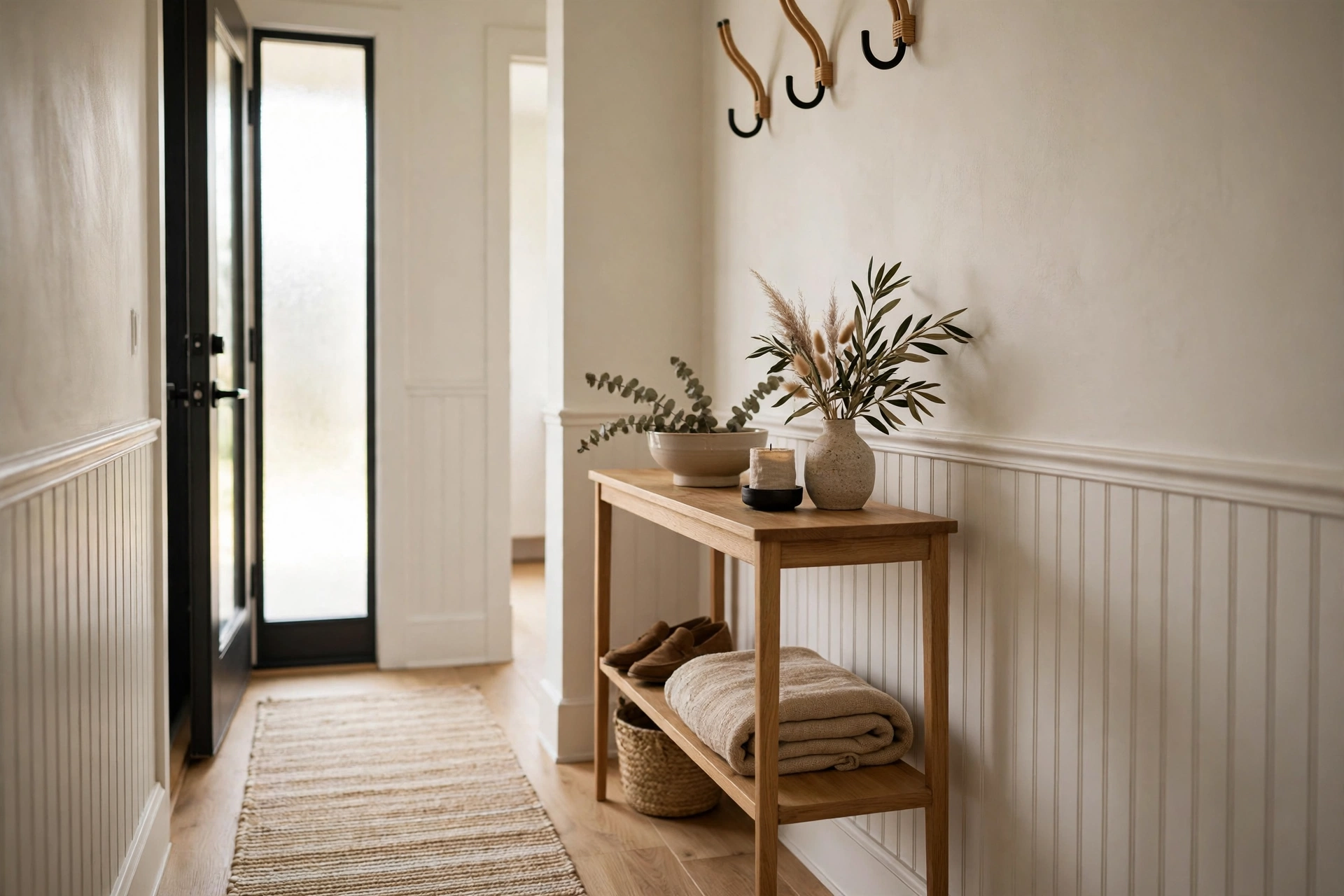 Slim wooden console table styled in narrow entryway