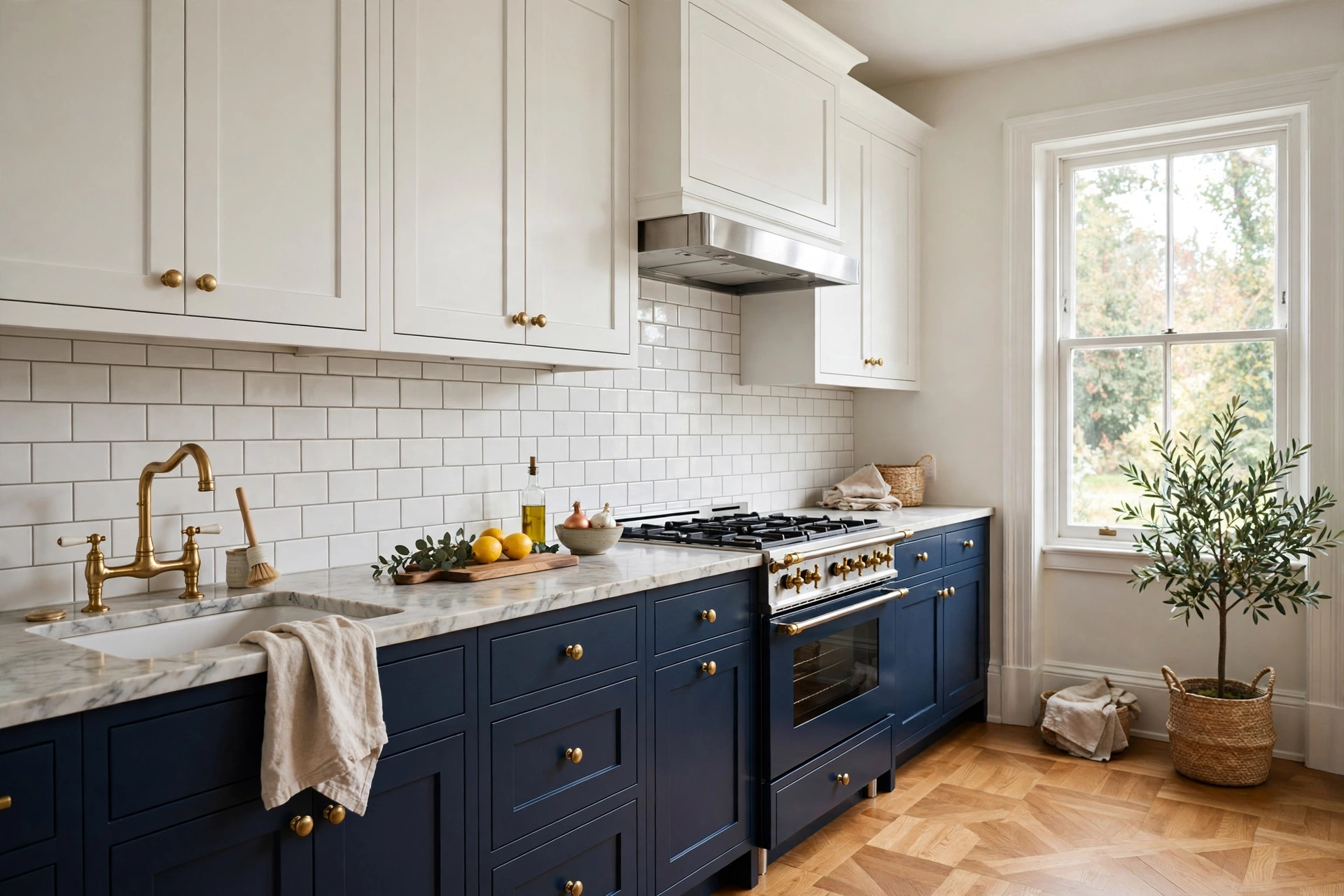 Classic two-tone kitchen with white uppers and navy blue base cabinets