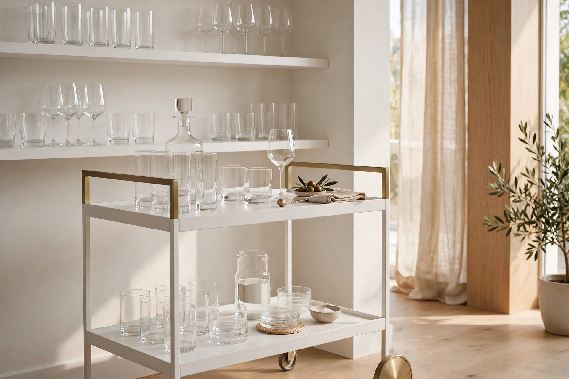 Modern Minimal Bar Cart With Clear Glassware On White Shelves