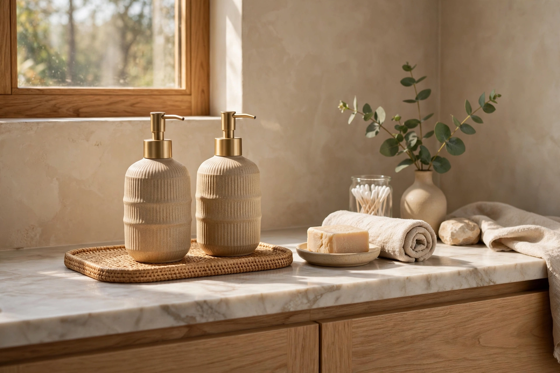 Matching Soap Dispenser Set On Bathroom Counter