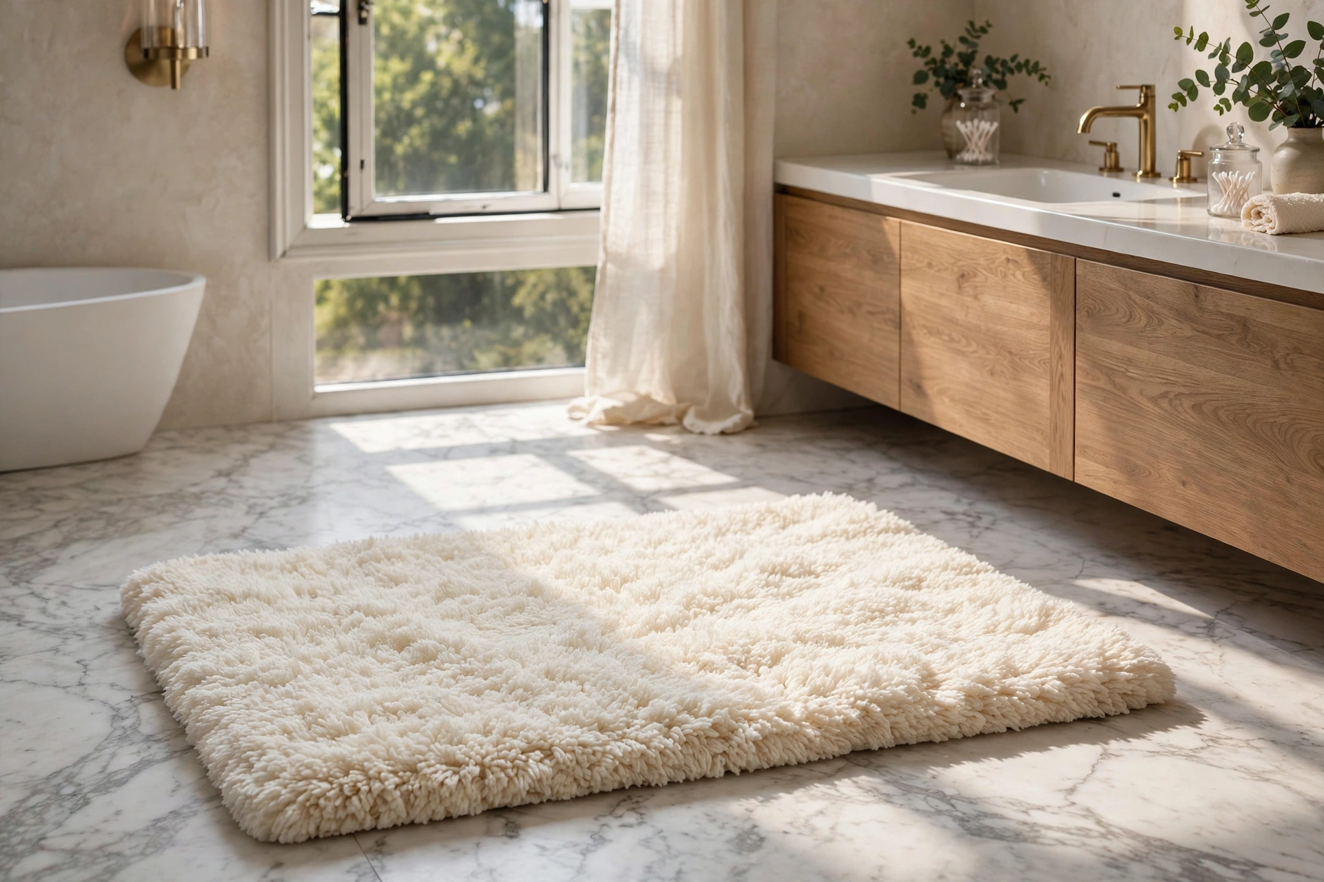 Plush Cream High-Pile Bath Mat On A Marble Bathroom Floor