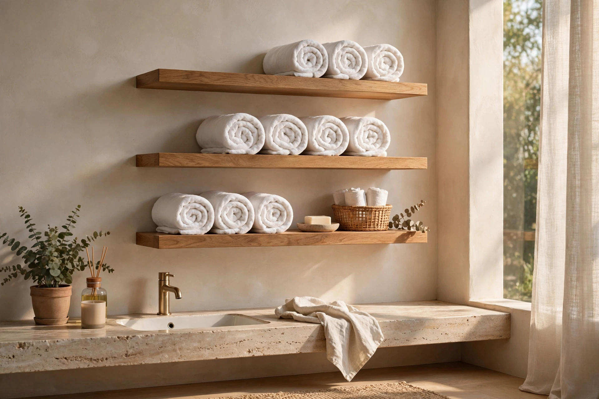 Rolled White Towels On Wooden Floating Shelves In A Bathroom