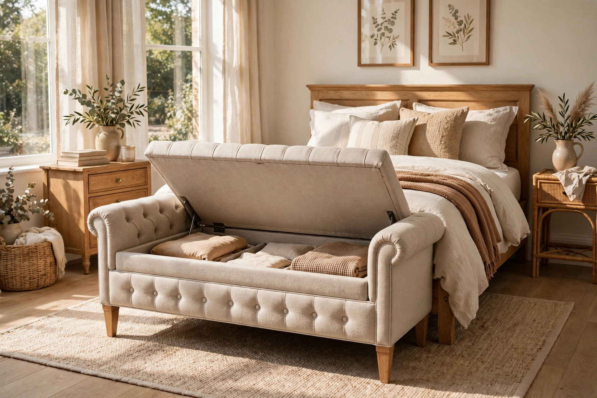 Classic Upholstered Linen Storage Bench with Lift-Up Top at Foot of Bed