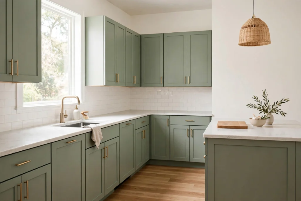 Sage green shaker cabinets with warm white walls and oak floors in a bright kitchen