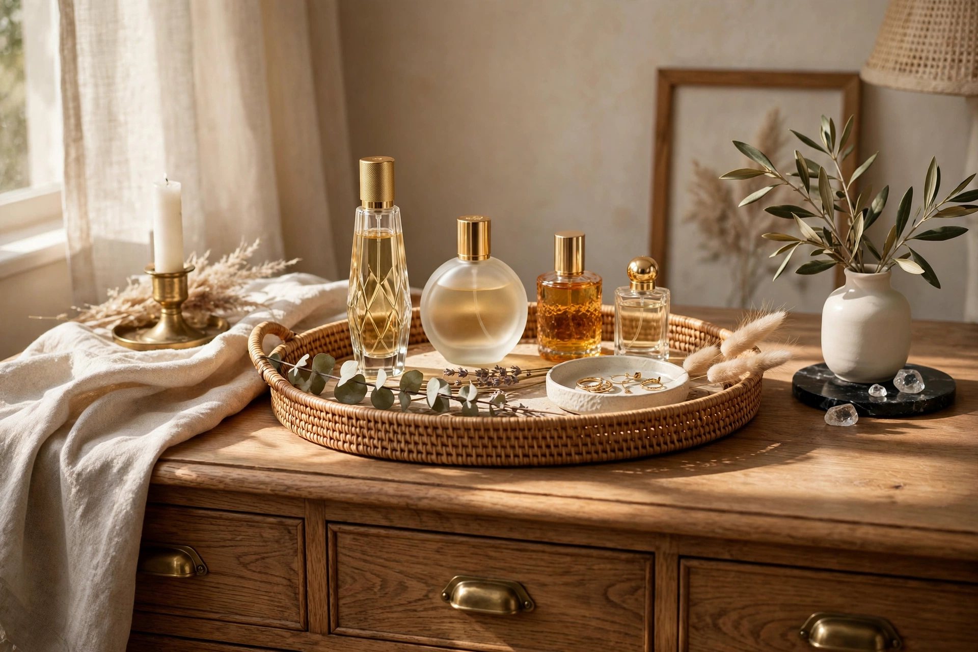 Decorative Tray Holding Perfume Bottles on a Dresser Top